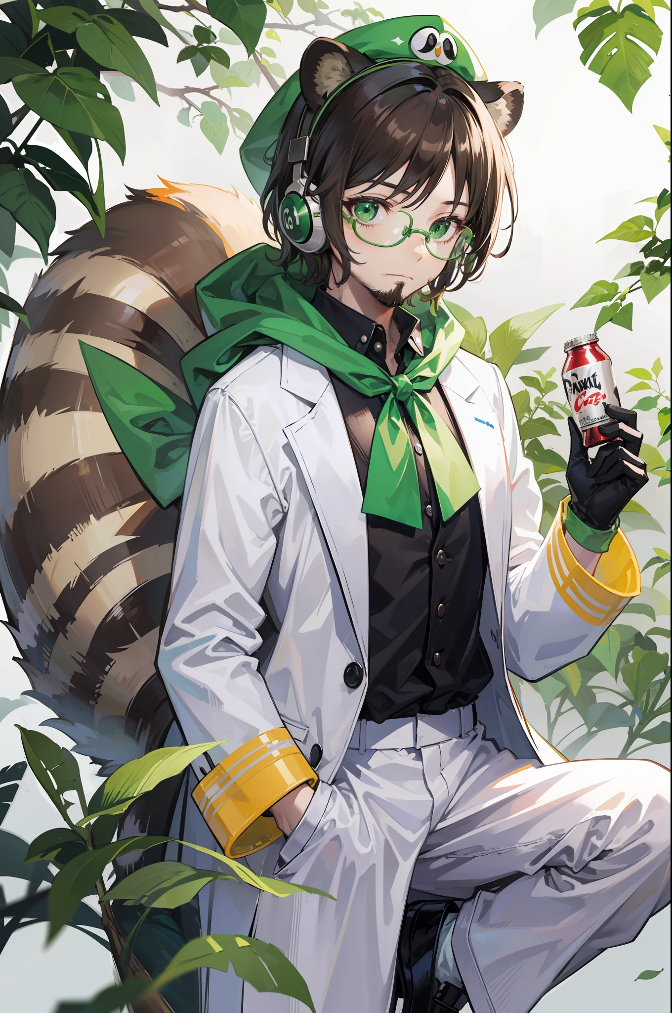 1boy,brown_hair,camouflage,coke-bottle_glasses,cosplay,eyewear_on_head,facial_hair,frog,full_body,glasses,gloves,goggles,green-framed_eyewear,green_bikini,green_bow,green_bowtie,green_eyes,green_gloves,green_headwear,green_neckwear,green_ribbon,green_scarf,headphones_around_neck,labcoat,leaf,leaf_on_head,male_focus,parody,raccoon_ears,raccoon_tail,solo,sunglasses,tanuki,transparent_background,futatsuiwa_mamizou,luigi,rowlet