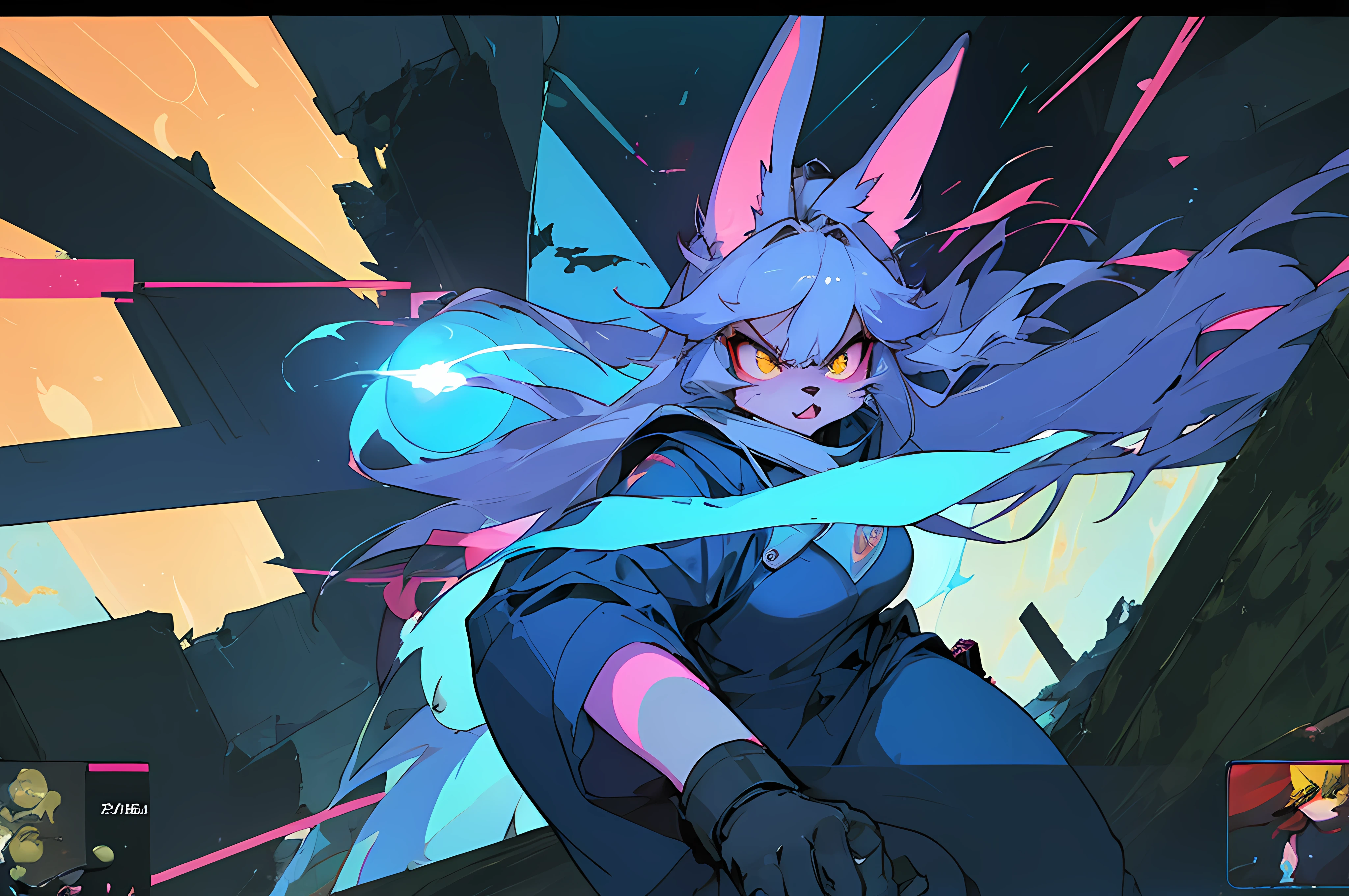 (vintage vhs), (crt screenshot), (Zen, Amy Sol style), (((angry cathedral shootout spacewalk))), (((angry blue anthro kemono furry rabbit exploring old ruins))), (((underground cavern shining flashlight in old ruins))), angry anime rabbit character with futuristic hair and glowing eyes exploring old ruins, anime art, anime aesthetic, (((old ruins in background cel art))), angry kemono anime space cadet rabbit girl, wearing cybernetic bunny ears, angry powerful female fighter --v6