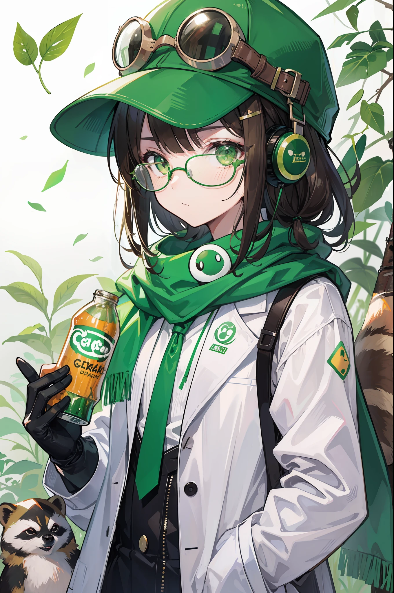 1boy,brown_hair,camouflage,coke-bottle_glasses,cosplay,eyewear_on_head,facial_hair,frog,full_body,glasses,gloves,goggles,green-framed_eyewear,green_bikini,green_bow,green_bowtie,green_eyes,green_gloves,green_headwear,green_neckwear,green_ribbon,green_scarf,headphones_around_neck,labcoat,leaf,leaf_on_head,male_focus,parody,raccoon_ears,raccoon_tail,solo,sunglasses,tanuki,transparent_background,futatsuiwa_mamizou,luigi,rowlet