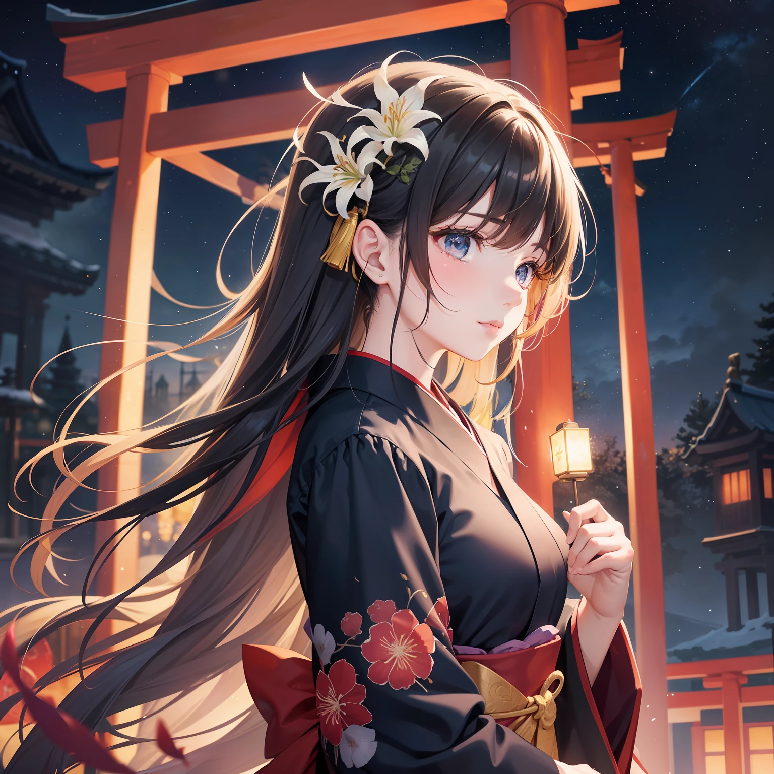 "This is a beautiful and aesthetic watercolor painting, featuring a girl whose hair, adorned with spider lily (Higanbana) flowers, is a vibrant mix of half black and half red, reminiscent of striking licorice flowers. She is dressed in a black kimono, dancing in front of a large torii gate. The scene is set on a dark night with a nearby starry sky, filled with stars that almost seem within reach. Aspects of water and vivid colors enhance the scene, creating an overall mystical ambiance. The landscape around the shrine is not only breathtaking but also surreal, with lanterns that glow with a fantastical light. The girl is depicted shedding tears as she looks upon fragments of memory, expressing a sense of farewell. It's a supremely fantastical, yet poignant image."