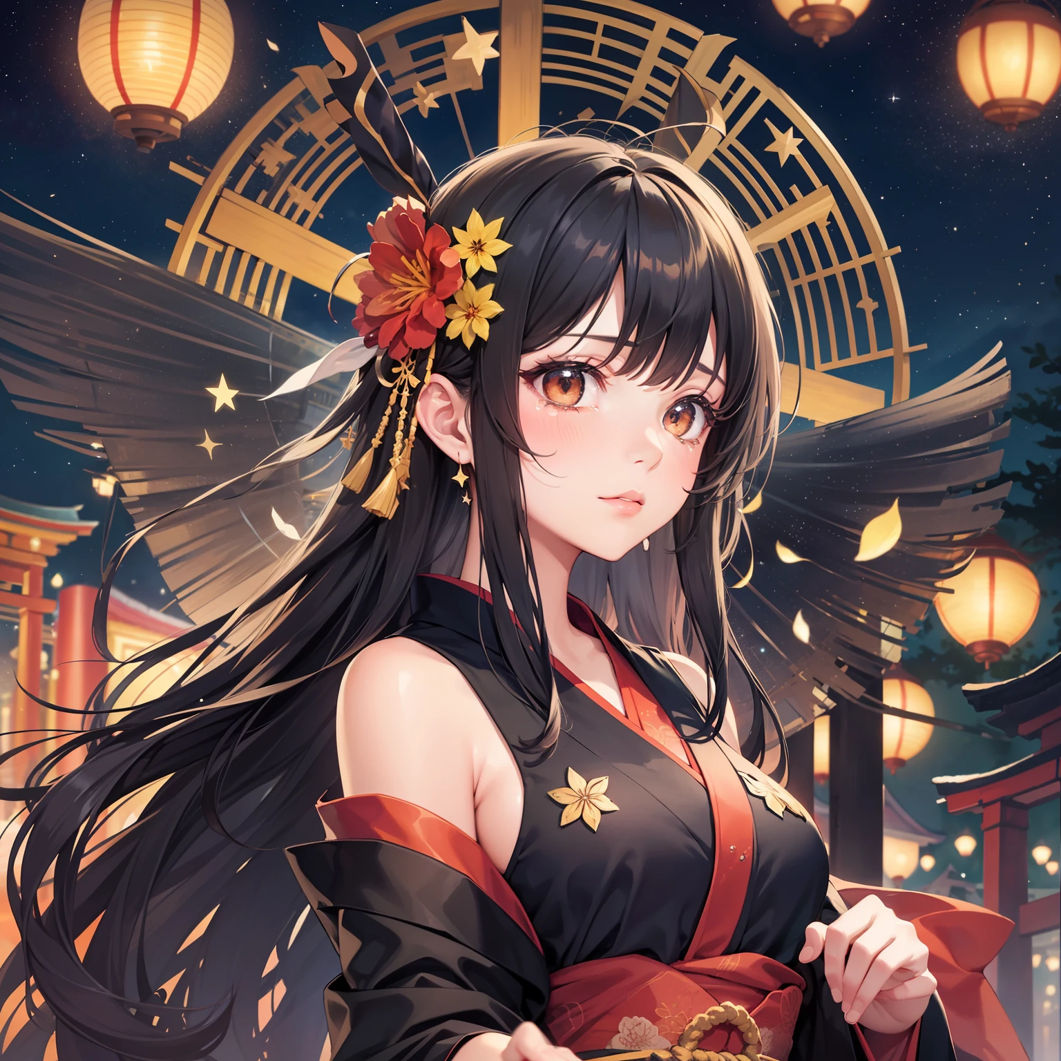 "This is a beautiful and aesthetic watercolor painting, featuring a girl whose hair, adorned with spider lily (Higanbana) flowers, is a vibrant mix of half black and half red, reminiscent of striking licorice flowers. She is dressed in a black kimono, dancing in front of a large torii gate. The scene is set on a dark night with a nearby starry sky, filled with stars that almost seem within reach. Aspects of water and vivid colors enhance the scene, creating an overall mystical ambiance. The landscape around the shrine is not only breathtaking but also surreal, with lanterns that glow with a fantastical light. The girl is depicted shedding tears as she looks upon fragments of memory, expressing a sense of farewell. It's a supremely fantastical, yet poignant image."