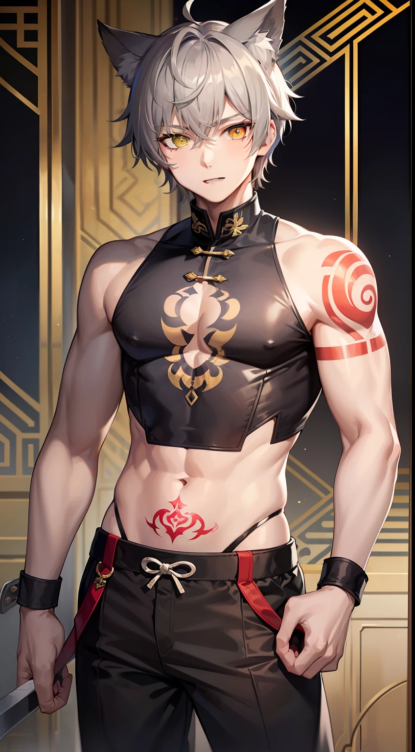 young boy, short gray hair, Cat's ears, Heterochromia, Yellow left and brown right eyes, tattoo, open torso, Pants of a Chinese general, swords, Masterpiece, hiquality