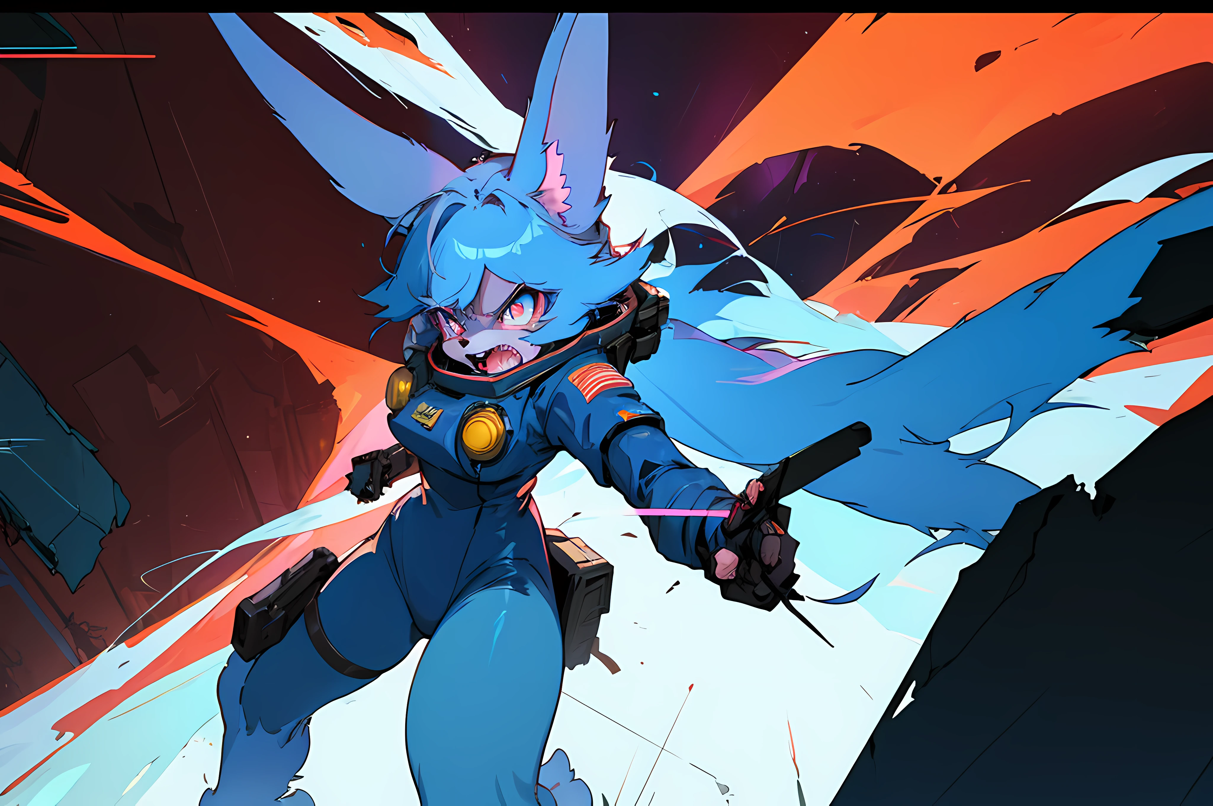(vintage vhs), (crt screenshot), (((angry cathedral shootout spacewalk))), (((angry blue anthro kemono furry rabbit exploring old ruins))), (((underground cavern shining flashlight in old ruins))), angry anime rabbit character with futuristic hair and glowing eyes exploring old ruins, anime art, anime aesthetic, (((old ruins in background cel art))), angry kemono anime space cadet rabbit girl, wearing cybernetic bunny ears, angry powerful female fighter --v6