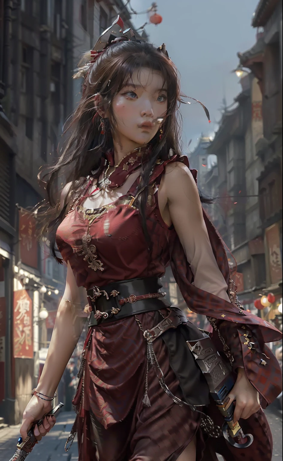 ((best qualtiy, 8K, tmasterpiece))Kizi，perfect bodies，Female general of ancient China，face perfect，chainmail，Holding a red tasseled gun，Stand on the bustling ancient street，Heroic，Stand on the bustling streets，Shops on both sides