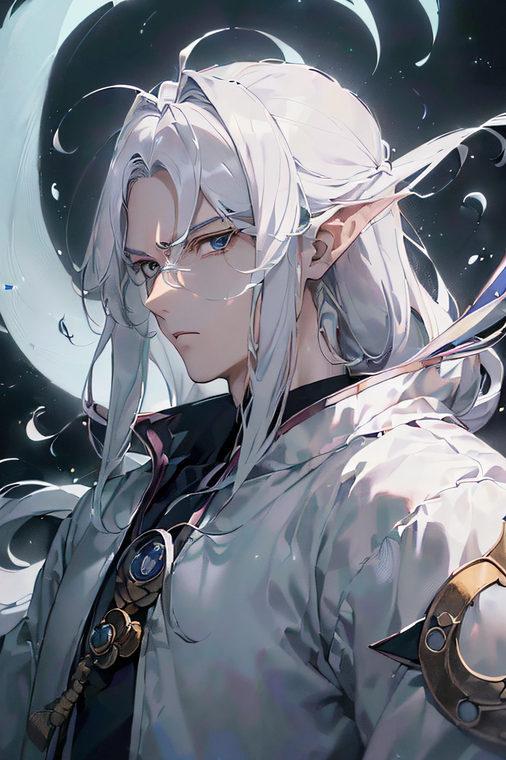 "(Men's fairy wind dojo, Sharp eyes, Portrait of the front face, Background of mystery, Manhwa Style, long white hair, Masculinity upper body, tmasterpiece, best qualtiy, A high resolution:1.4)A detailed, complexdetails, 4K, splash of color, line art, Fibonacci"