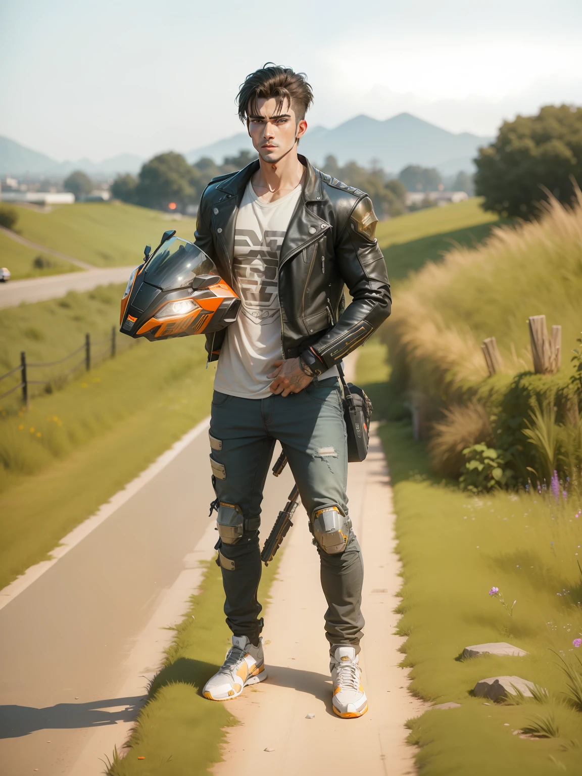 Remove bagraund, realistic face,man, handsome, power, cyberpunk,boy, cinematic, ultra realistic,8k, light,ninja, powerful, robotic, gaming, machine, future, handsome,ultra cute boy,Dslr bluer,golden light, robotic flowers ktm bike in back ktm bike in background.