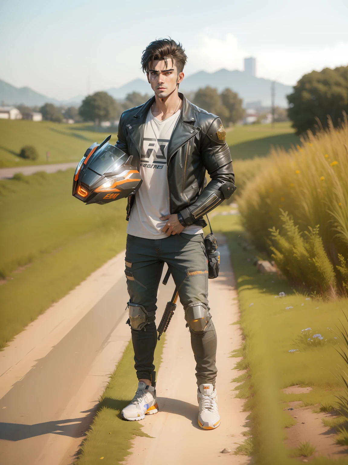 Remove bagraund, realistic face,man, handsome, power, cyberpunk,boy, cinematic, ultra realistic,8k, light,ninja, powerful, robotic, gaming, machine, future, handsome,ultra cute boy,Dslr bluer,golden light, robotic flowers ktm bike in back ktm bike in background.