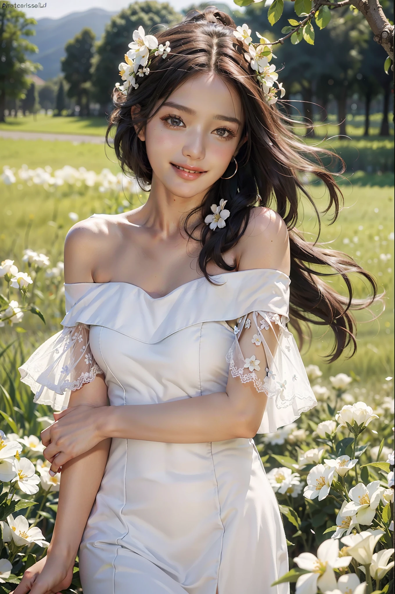 Best quality, masterpiece, ultra high res, (photorealistic:1.4), raw photo, 1girl, white dress, off shoulder, blossom flower field, glowing skin, light smile
