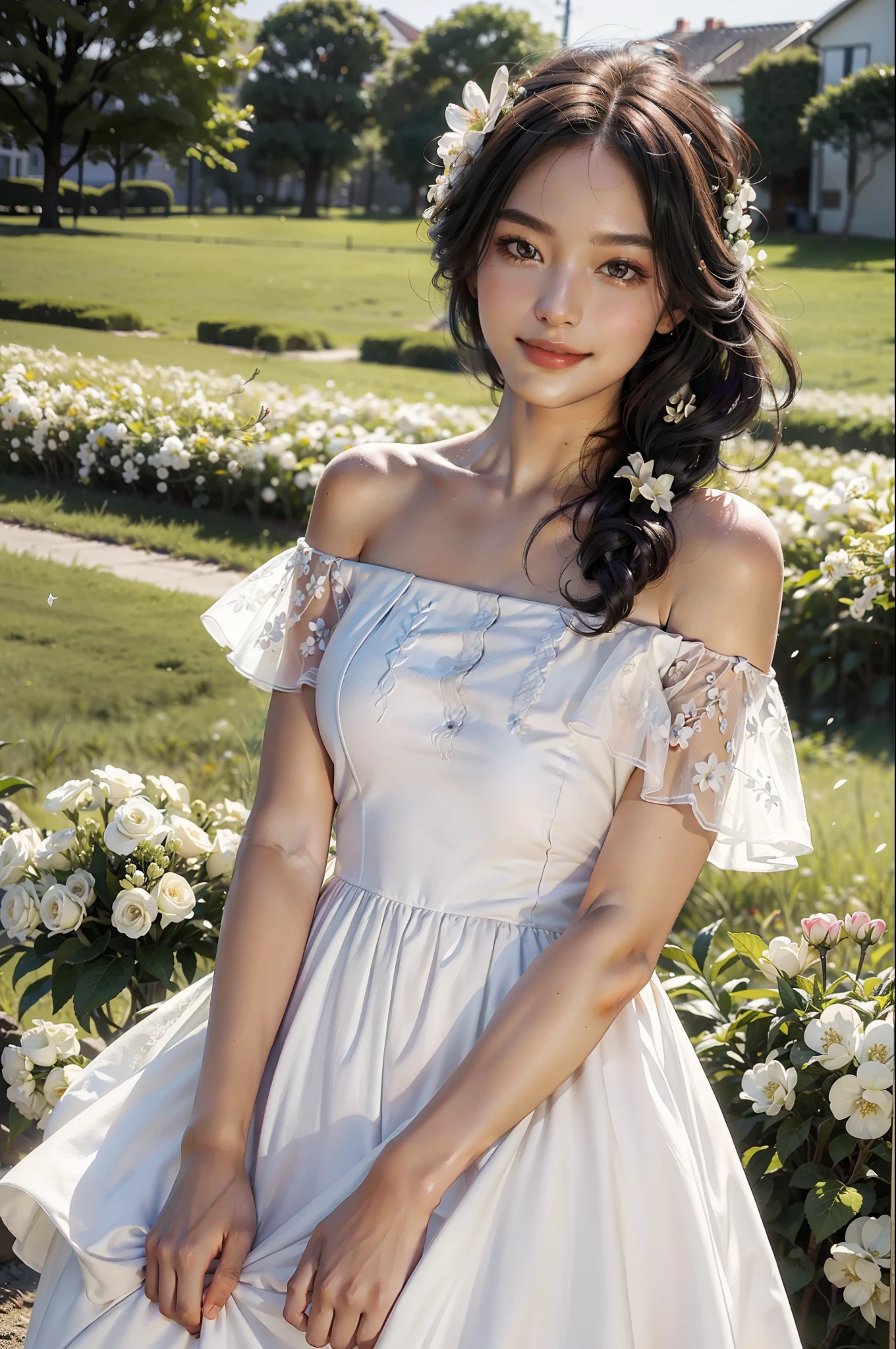 Best quality, masterpiece, ultra high res, (photorealistic:1.4), raw photo, 1girl, white dress, off shoulder, blossom flower field, glowing skin, light smile