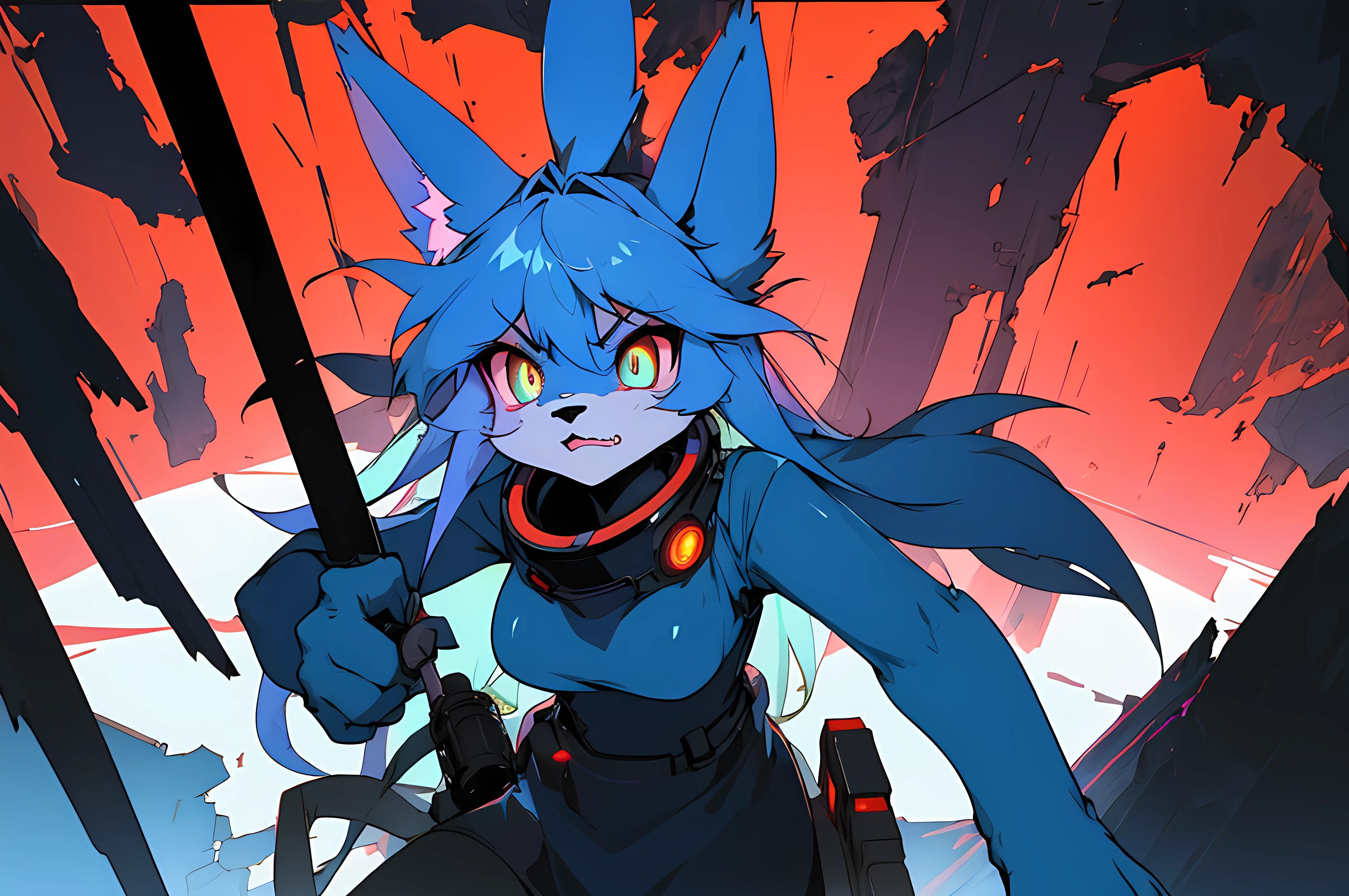 (vintage vhs), (crt screenshot), (((angry cathedral shootout spacewalk))), (((angry blue anthro kemono furry rabbit exploring old ruins))), (((underground cavern shining flashlight in old ruins))), angry anime rabbit character with futuristic hair and glowing eyes exploring old ruins, anime art, anime aesthetic, (((old ruins in background cel art))), angry kemono anime space cadet rabbit girl, wearing cybernetic bunny ears, angry powerful female fighter --v6