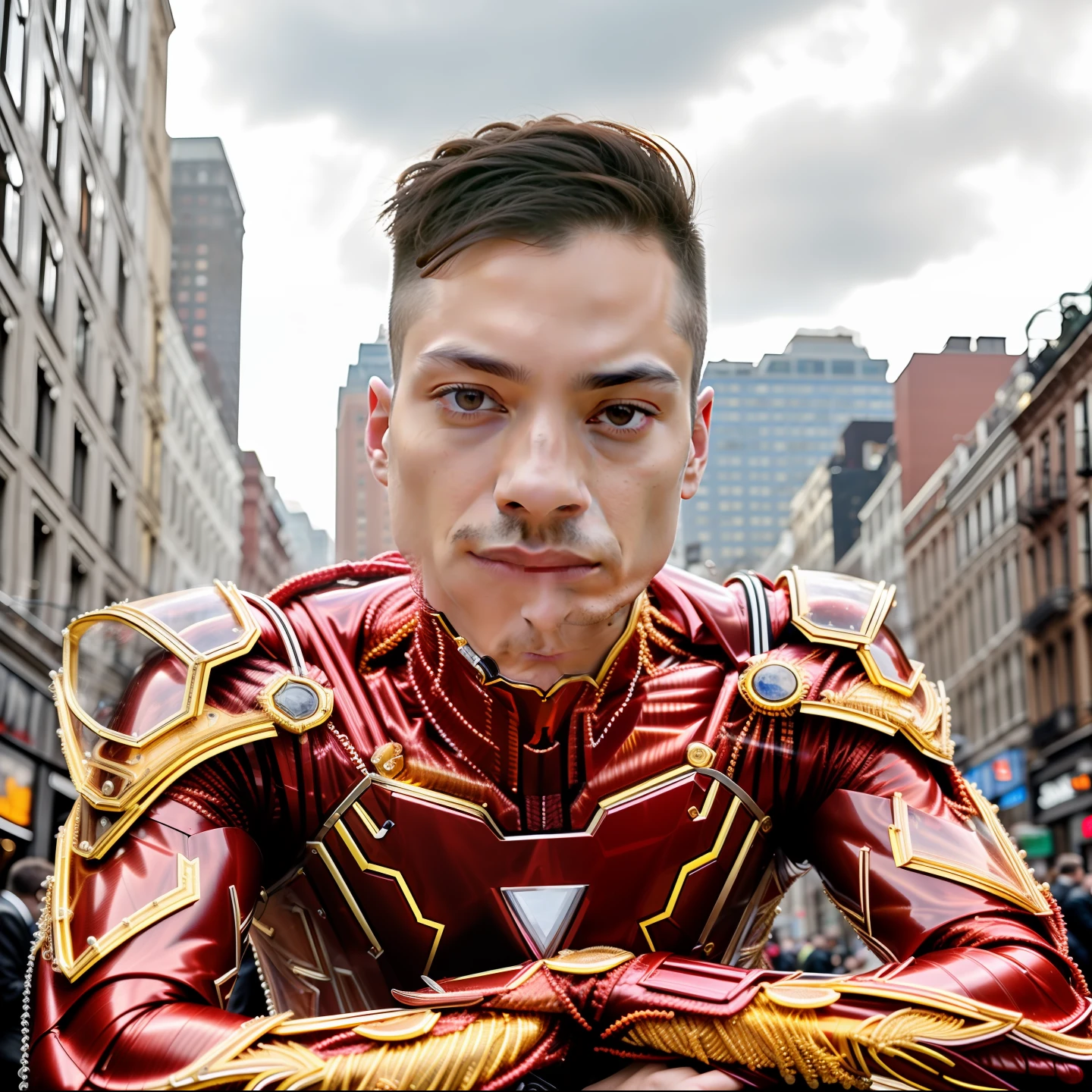 close up, one man wearing an immaculately detailed [red|golden] weird future fashion transparent plastic intricate iron man armor with golden color accents, golden exposed circuitry and embroidery, head visible, with detailed side shaved long punk hairstyle, smirking, extremely detailed face, brown eyes, standing next to a crowded new york city street parade celebration, cinematic photography, low contrast, overcast, hdr, raw photograph