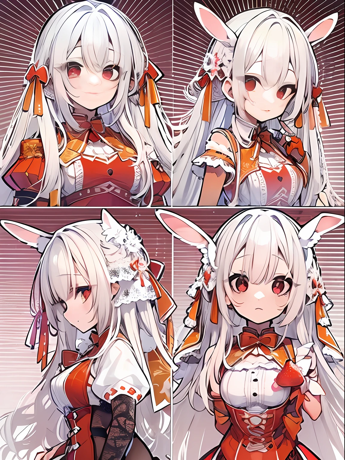 tmasterpiece，1girll，HighestQuali，Correct proportions，the detail，whaite hair，long whitr hair,White hair，Translucent red eyes，White lace headdress，Lace headdress，white headgear，Red bow，Rabbit ears，rabbitears，Strawberry side dishes，Sat down，White dress，red decoration，Lace，white legwear，Little red leather shoes，morango，bunny tail，fundo vermelho