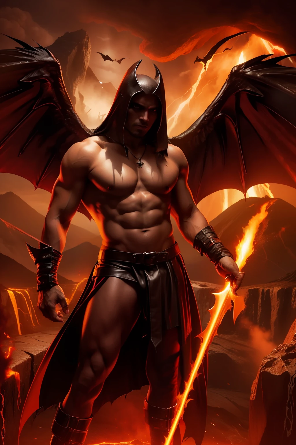 A male messenger from hell. He has long dark har, reddish eyes, big dark bat wings, shirtless and athletic, dressed with black leather rags. Background with volcanoes and lava