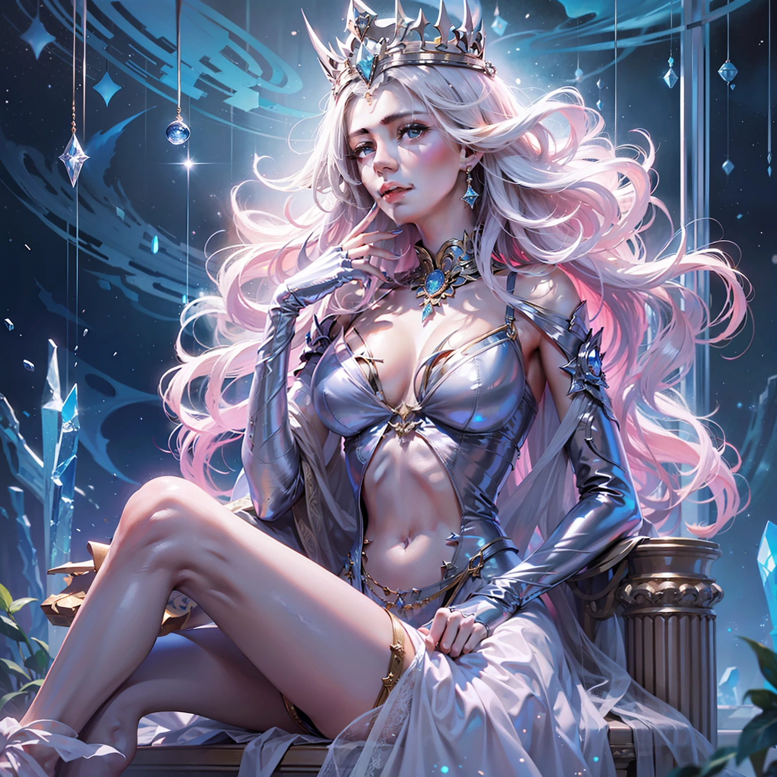 A queen with an extraordinary temperament,Under the starlight of the Milky Way stands the Crystal Castle,She has fair skin and an attractive body,Wear sexy clothing,It shows a strong realistic style。