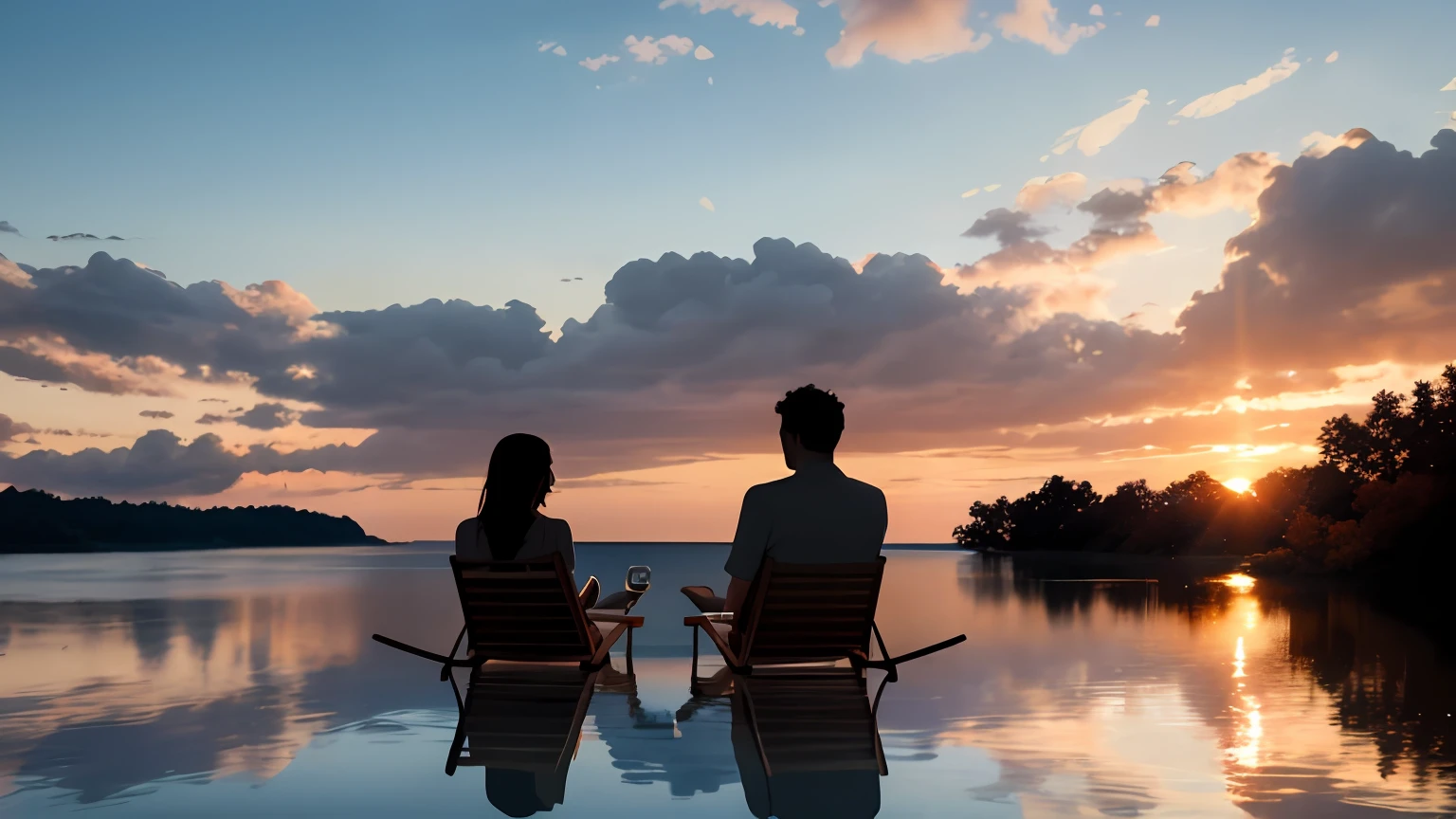 Autumn，couple，the setting sun，Mare，deck chair，Clouds，cinematic ligh，softlighting，depth of fields，Ray tracing，hentail realism，reflection in water