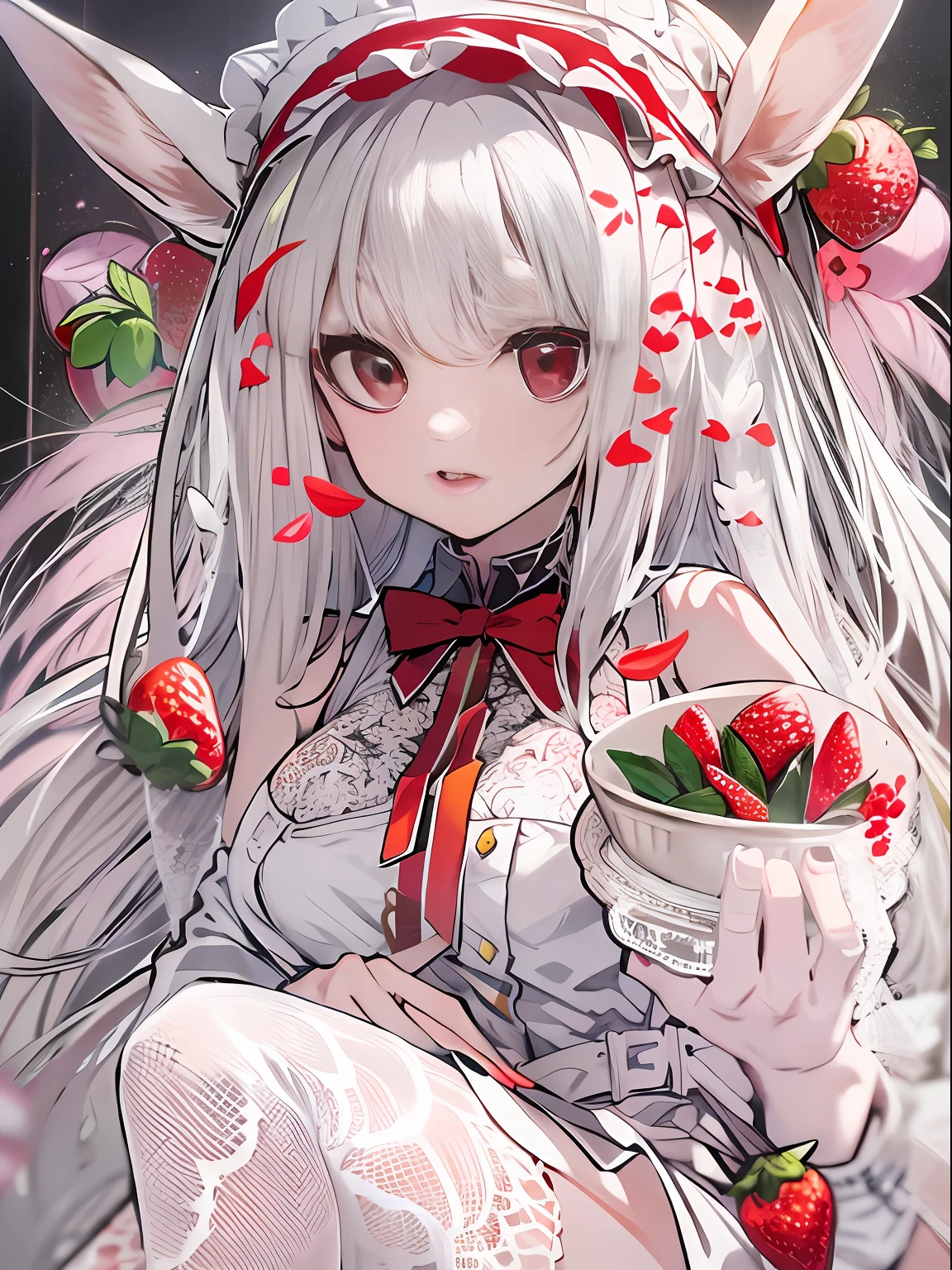 tmasterpiece,1girll,HighestQuali,Correct proportions,the detail,whaite hair,long whitr hair,White hair,Translucent red eyes,White lace headdress,Lace headdress,white headgear,Red bow,Rabbit ears,rabbitears,Strawberry side dishes,Sat down,White dress,red decoration,Lace,white legwear,Little red leather shoes,morango,bunny tail,fundo vermelho