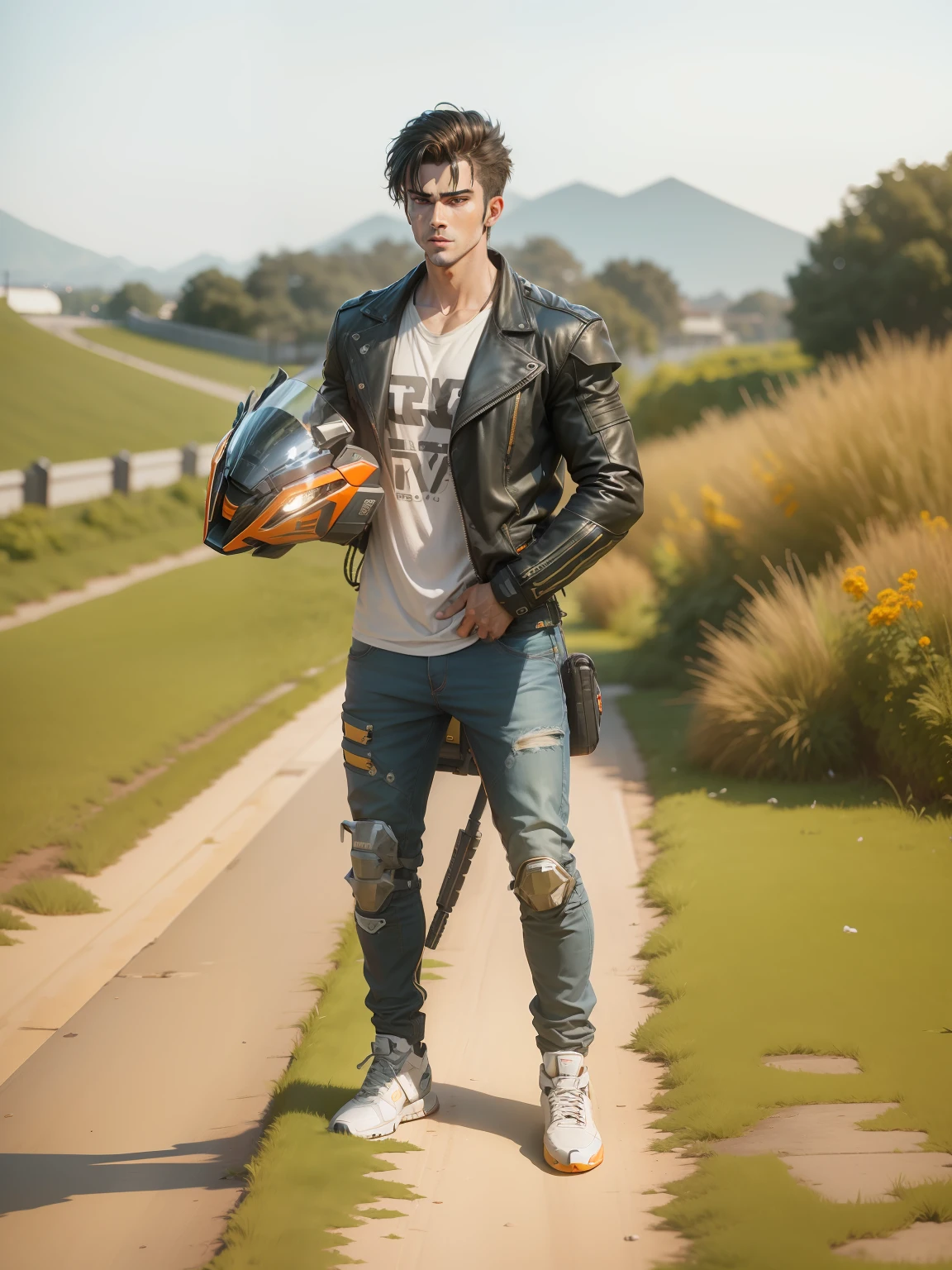 Remove bagraund, realistic face,man, handsome, power, cyberpunk,boy, cinematic, ultra realistic,8k, light,ninja, powerful, robotic, gaming, machine, future, handsome,ultra cute boy,Dslr bluer,golden light, robotic flowers ktm bike in back ktm bike in background.