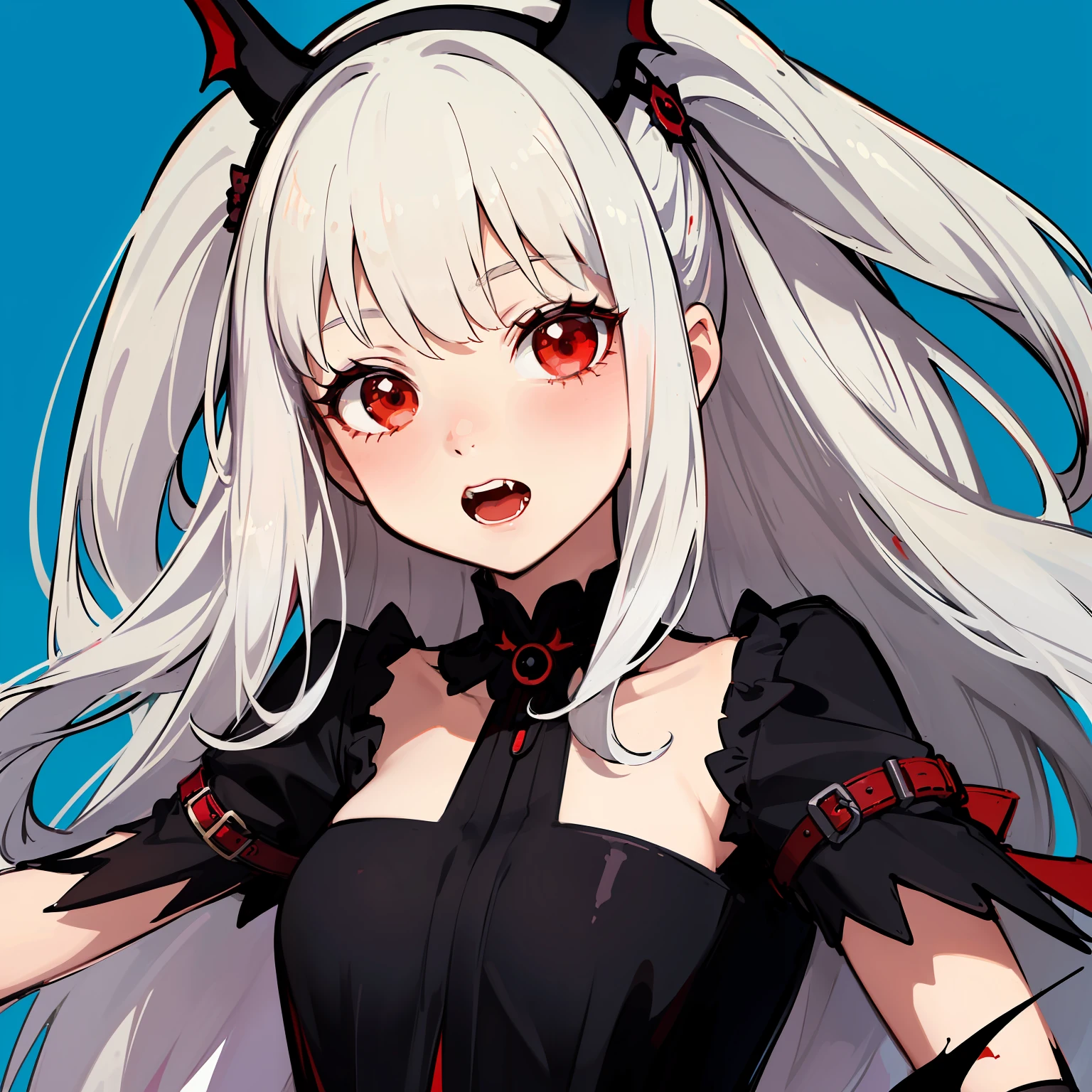 ((cute + loli + vampire + black and red color scheme), white hair: 0.9, ultra-detailed, kawaii dynamic pose, ultra-detailed clothing, twilight, blue background)