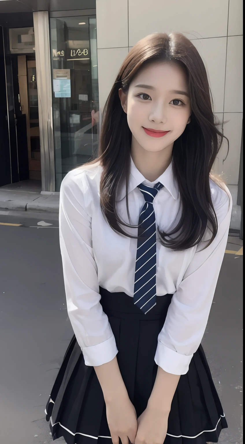 (1 Korean star with royal sister style), ((Best quality, 8K, 巨作: 1.3)), focal point: 1.2, Perfect body proportions: 1.4, (Make a smile), Watery eyes, Highly Detailed Face and Skin Textur, Fine eyes, Double eyelids, Whitens the skin, (long whitr hair, By bangs: 1.3), (face round: 1.5), (JK school uniform: 1.4), (Lace view: 1.6),(black lence stockings: 1.4),(JK style:1.4),(On the street:1.3),(Zoom out a little further)
