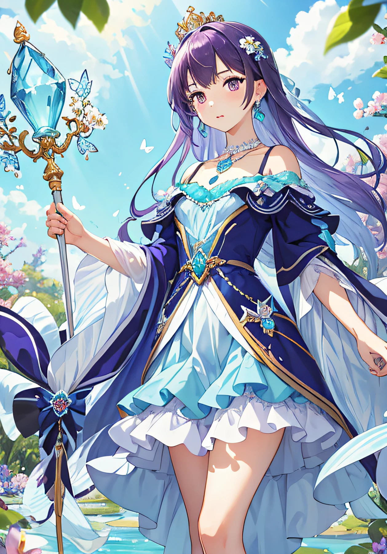 ((Masterpiece, Best quality)), 1girll, full bodyesbian，blossoms,One-shoulder dress,Noble，ellegance， Outdoors, holding a staff,Butterflies surround their faces expressionless, Blush, Purple hair, flower  field, Colorful flowers, Pink eyes, Aqua blue dress, White auspicious cloud pattern at the waist，Skirt flowers，Violet-blue crown water ripple drop diamond，Teardrop shaped gemstone necklace aqua blue，Aqua blue water-shaped earrings，view the viewer, Long hairs, Small breasts, Depth of field,