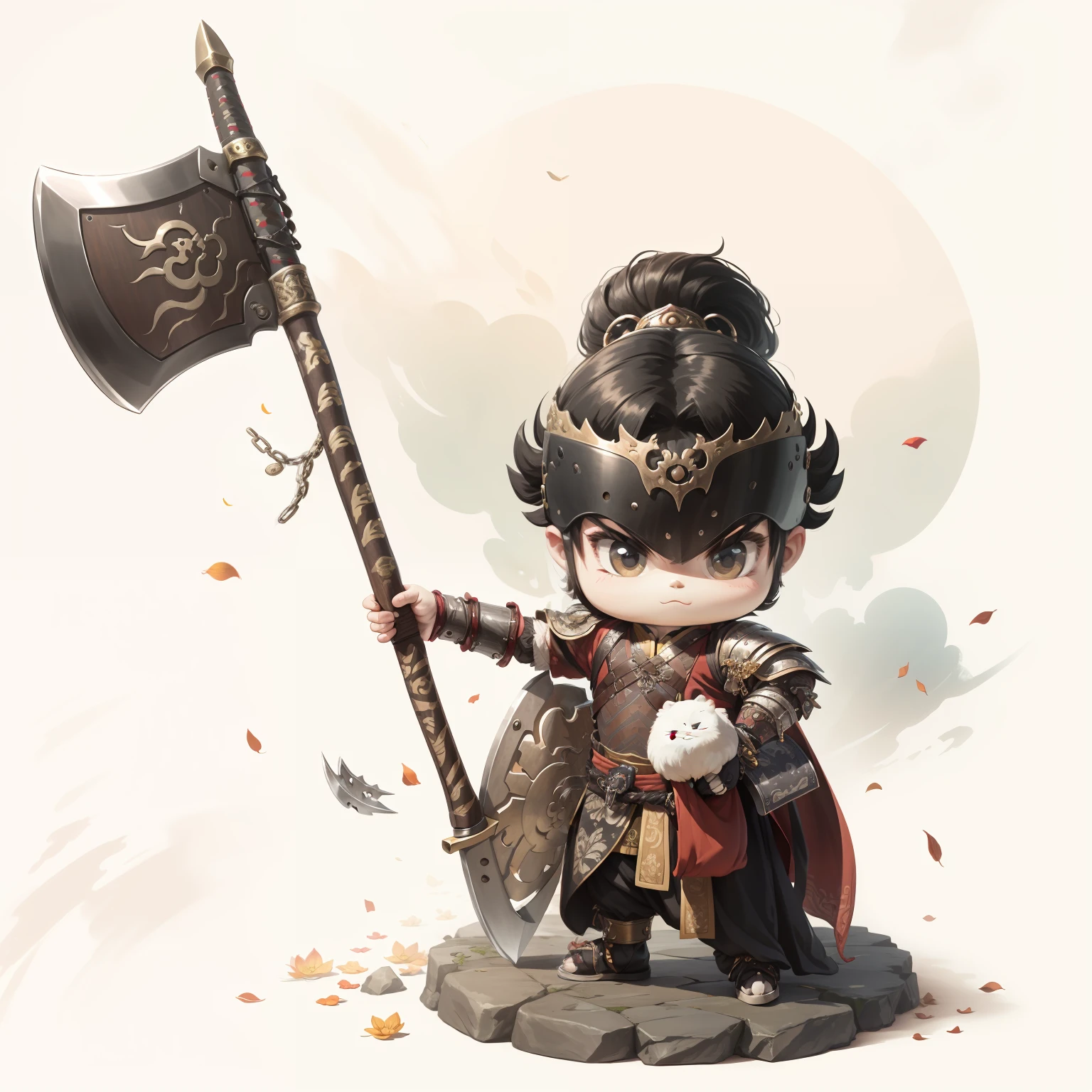 male people,Male characters,tchibi,Bad,Arms,Axe weapons,Ancient Chinese weapons,The handle has a delicate pattern,Shoulder blades,metal breastplate,chainmail,Animal pattern cuirass,chest plate,Bracers,Flowing hem,China-style,Chinese-style clothing,Chinese shoes,There are beautiful patterns on the weapon grips,Refinement,Fine painting,Refinement,infinite details,high definition detail,Patterned,Pattern,Blank background,Bright colors,Metal edging