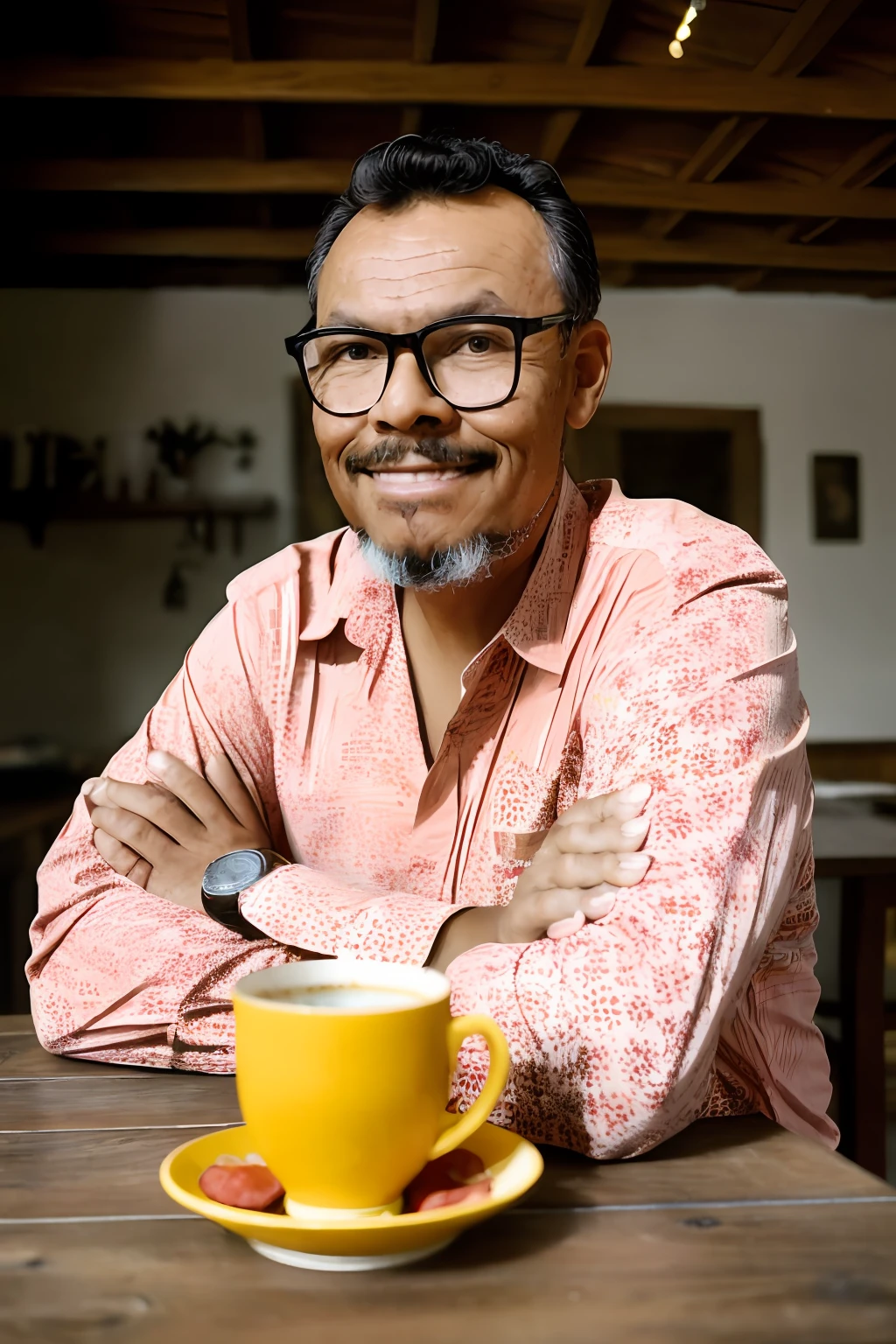 guttonervision8, A colorful photograph of a man with a subtle smile, wearing a Hawaiian-style floral shirt and glasses. In front of him there is a rustic wooden table with a steaming cup of coffee. It is a promotional portrait in the style of Taras Shevchenko, inspired by Yousuf Karsh, an epic and elegant representation, drawing inspiration from Wladyslaw Strzeminski and Paweł Kluza.