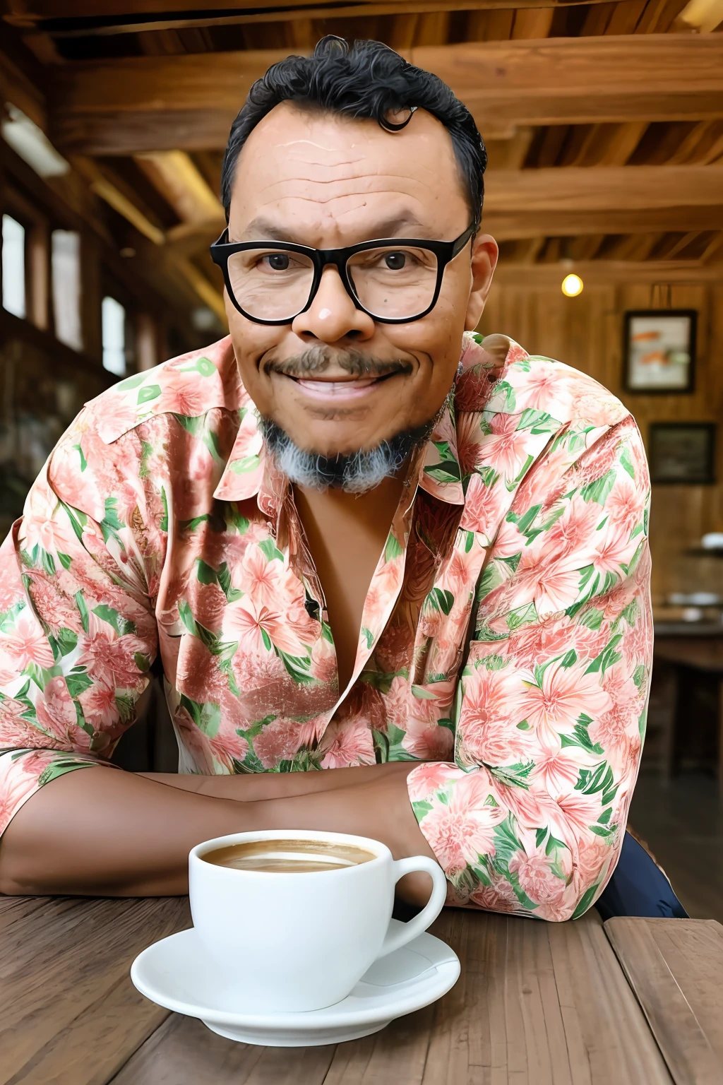 guttonervision8, A colorful photograph of a man with a subtle smile, wearing a Hawaiian-style floral shirt and glasses. In front of him there is a rustic wooden table with a steaming cup of coffee. It is a promotional portrait in the style of Taras Shevchenko, inspired by Yousuf Karsh, an epic and elegant representation, drawing inspiration from Wladyslaw Strzeminski and Paweł Kluza.