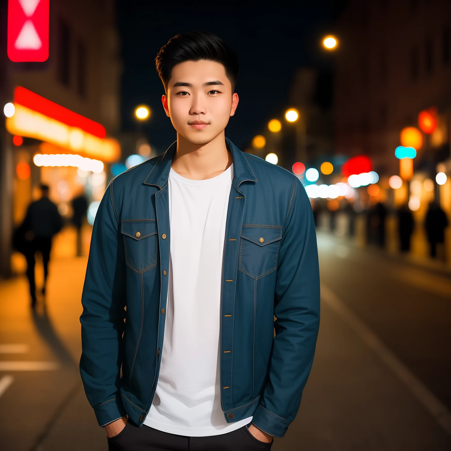 RAW photo, a portrait photo of 25 y.o man in casual clothes, night, city street, (high detailed skin:1.2), 8k uhd, dslr, soft lighting, high quality, film grain, Fujifilm XT3