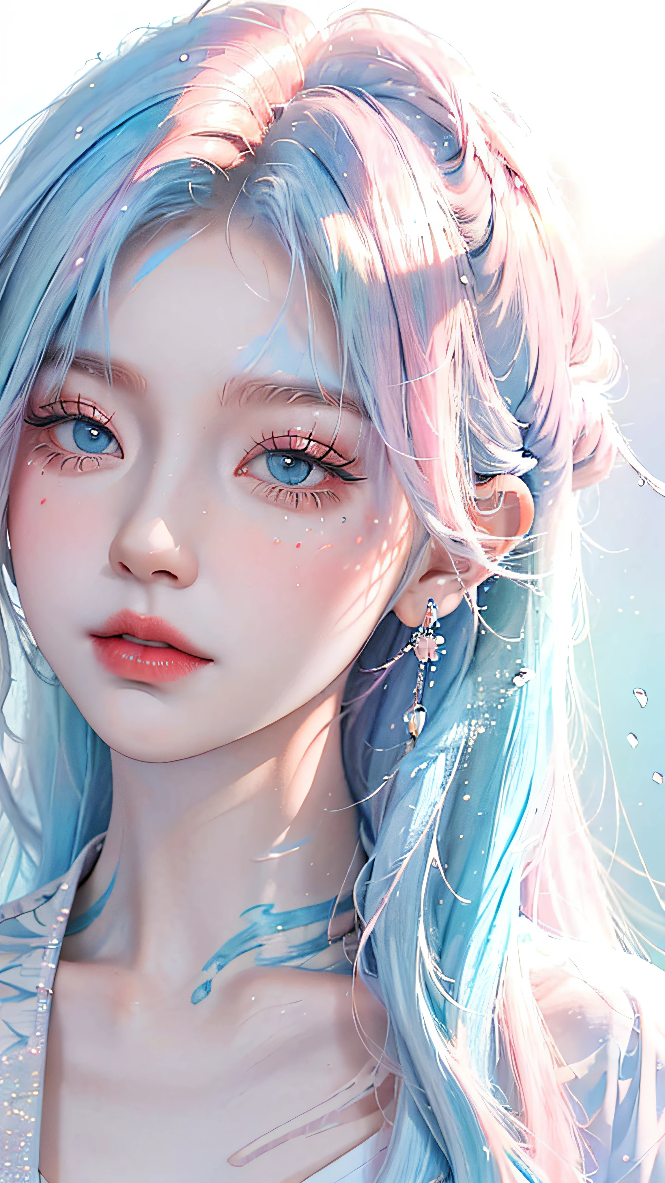 (Masterpiece, Best Quality, High Resolution), White Background, Acrylic Paint, ((Color Splash, Splash of Ink, Color Splash)), Sweet Chinese Girl, Long Light Blue Hair, [Light Blue|Pink] Hair, Curly Hair, Glitter, Peach Lips, White Shirt, Front, Upper Body