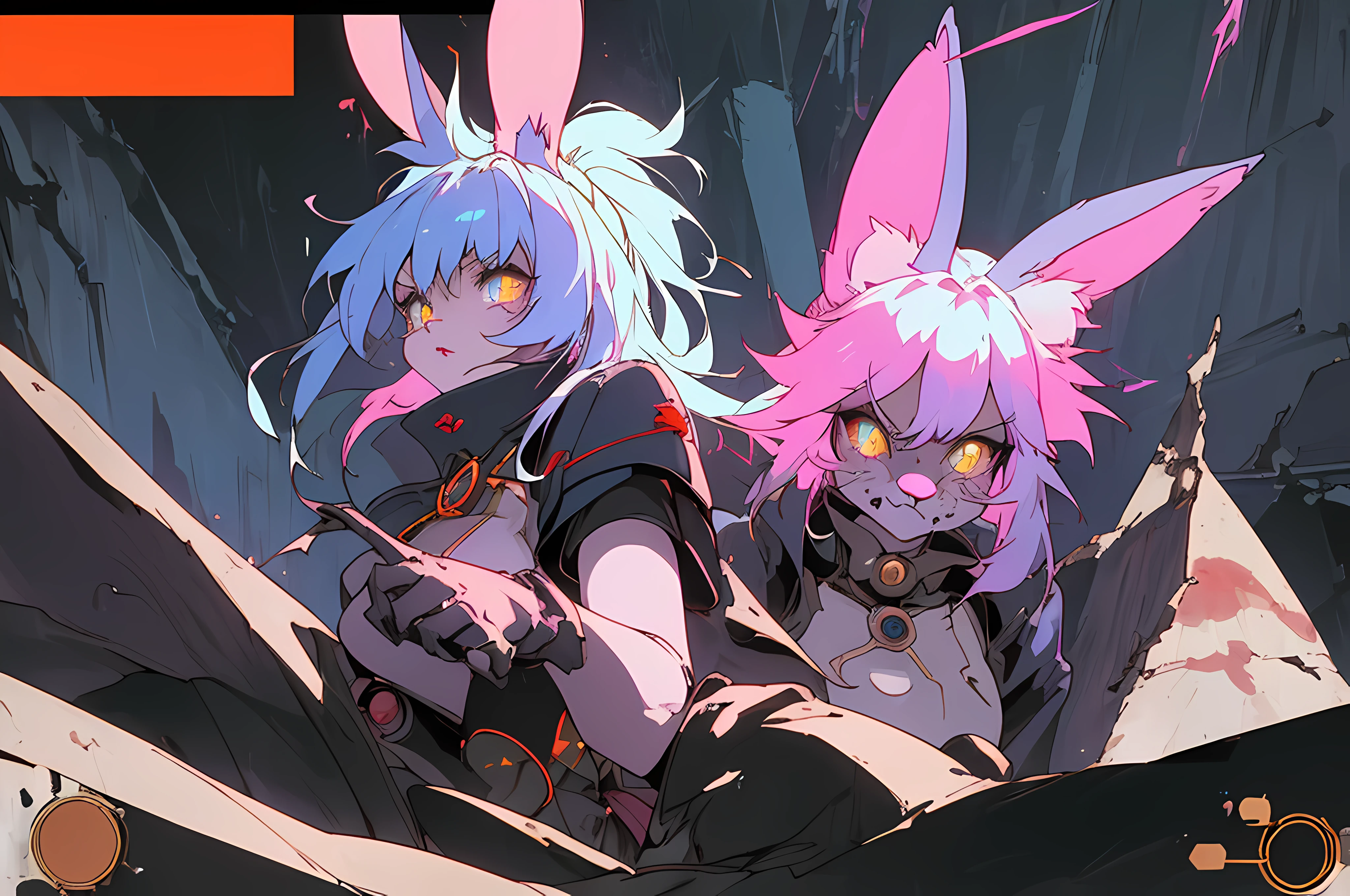 (((vintage vhs))), (((80s anime filmation cel art))), (((crt screenshot))), (vampire hunter d), (((bleak dark gothic cathedral shootout))), (((gothic blue anthro kemono furry rabbit exploring old ruins))), (((bleak underground cavern shining flashlight in old ruins))), angry anime rabbit character with futuristic hair and glowing eyes exploring old ruins, anime art, anime aesthetic, (((old ruins in background cel art))), kemono anime rabbit girl, wearing cybernetic bunny ears, angry powerful female fighter, (((bleak dark witch hunter robin))) --v6