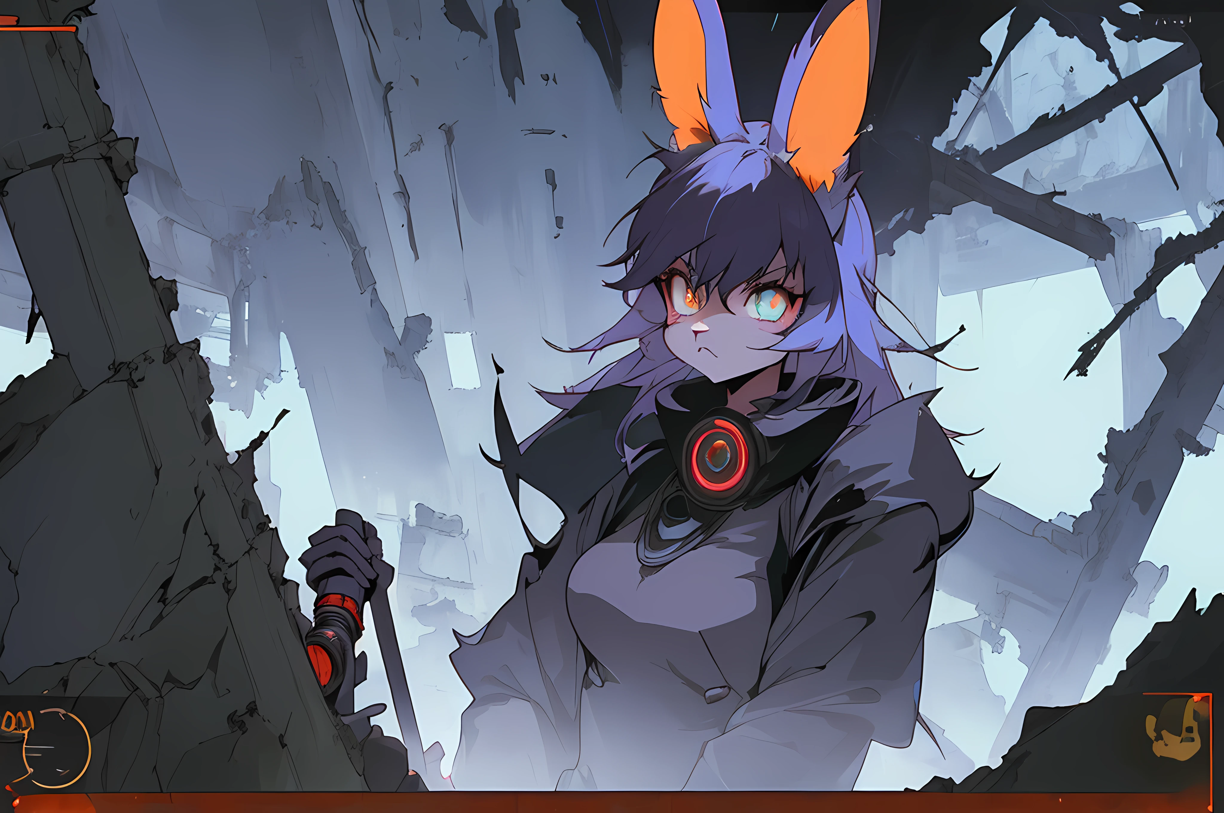 (((vintage vhs))), (((80s anime filmation cel art))), (((crt screenshot))), (vampire hunter d), (((bleak dark gothic cathedral shootout))), (((gothic blue anthro kemono furry rabbit exploring old ruins))), (((bleak underground cavern shining flashlight in old ruins))), angry anime rabbit character with futuristic hair and glowing eyes exploring old ruins, anime art, anime aesthetic, (((old ruins in background cel art))), kemono anime rabbit girl, wearing cybernetic bunny ears, angry powerful female fighter, (((bleak dark witch hunter robin))) --v6