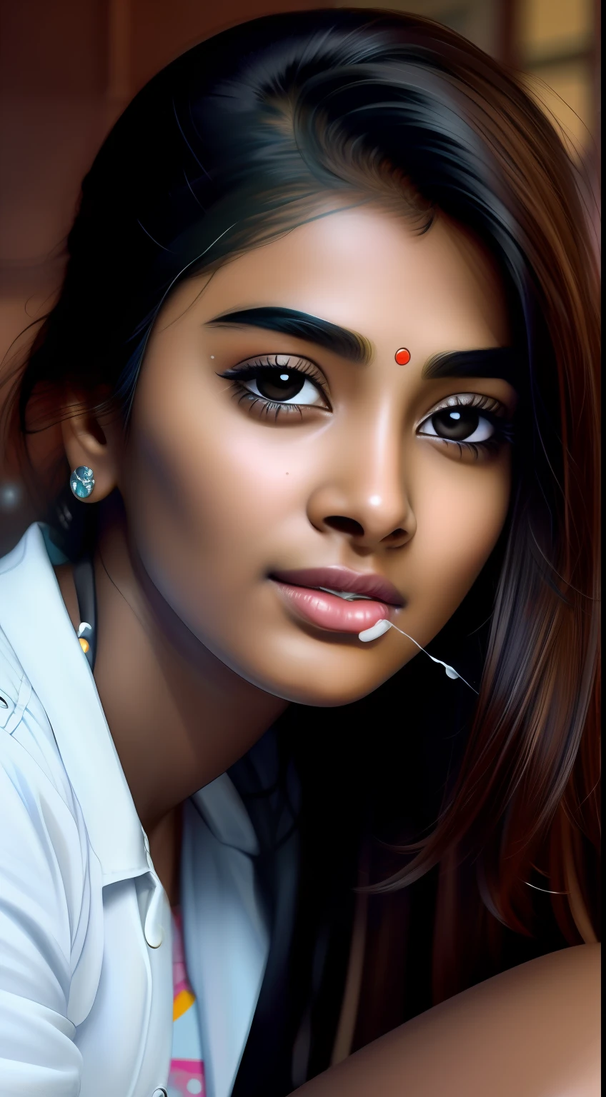Masterpiece, highest quality, hyper-realistic portrait of an Indian girl, (8k, best quality), shirt, shorts jeans, {{cum(sperm) on face}}, cum_in_mouth. She looking at viewer. Close up face photo