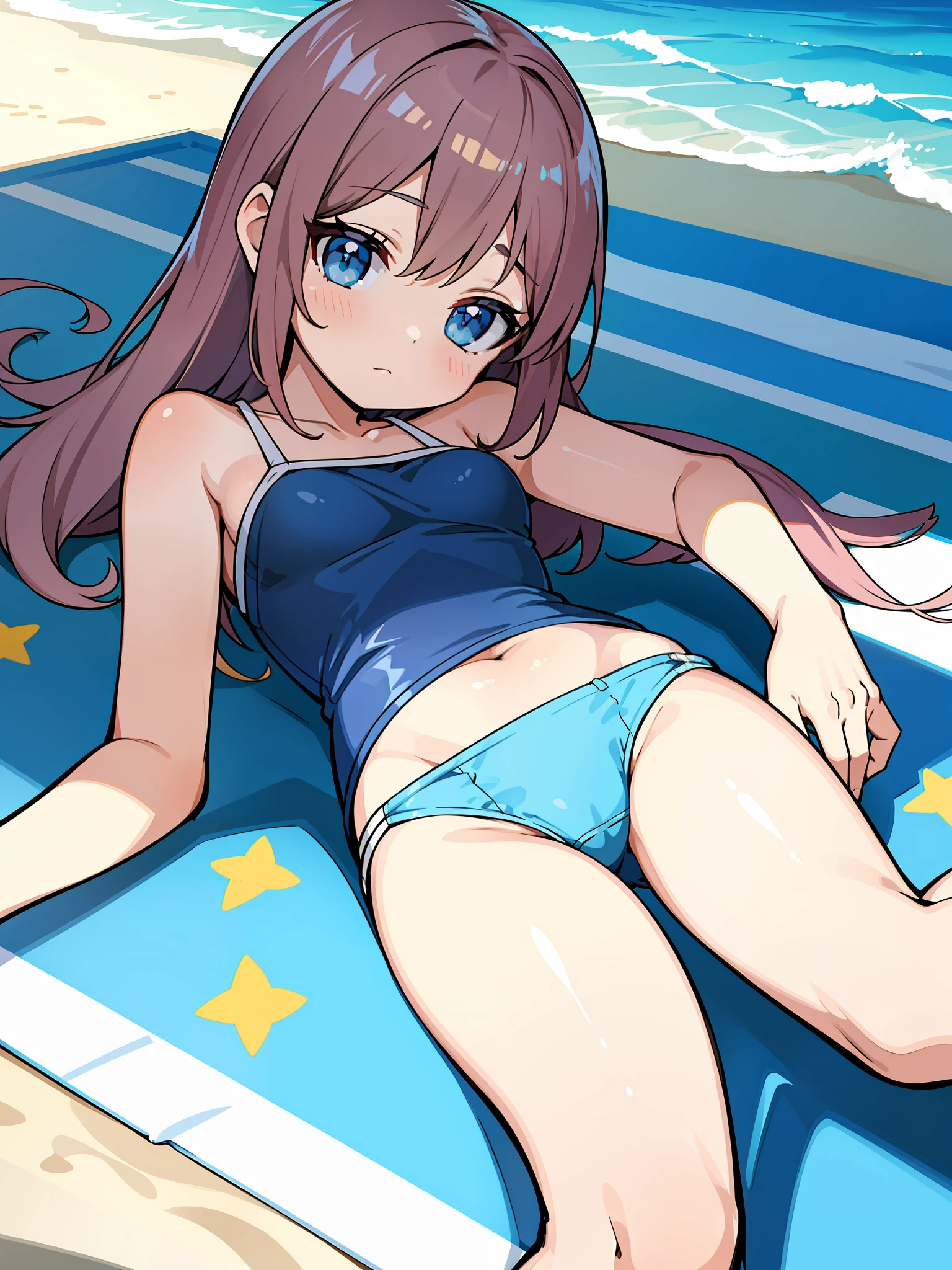 ers old 5Head and body Eleml Blue swimsuit Summer sandy beach Lying down