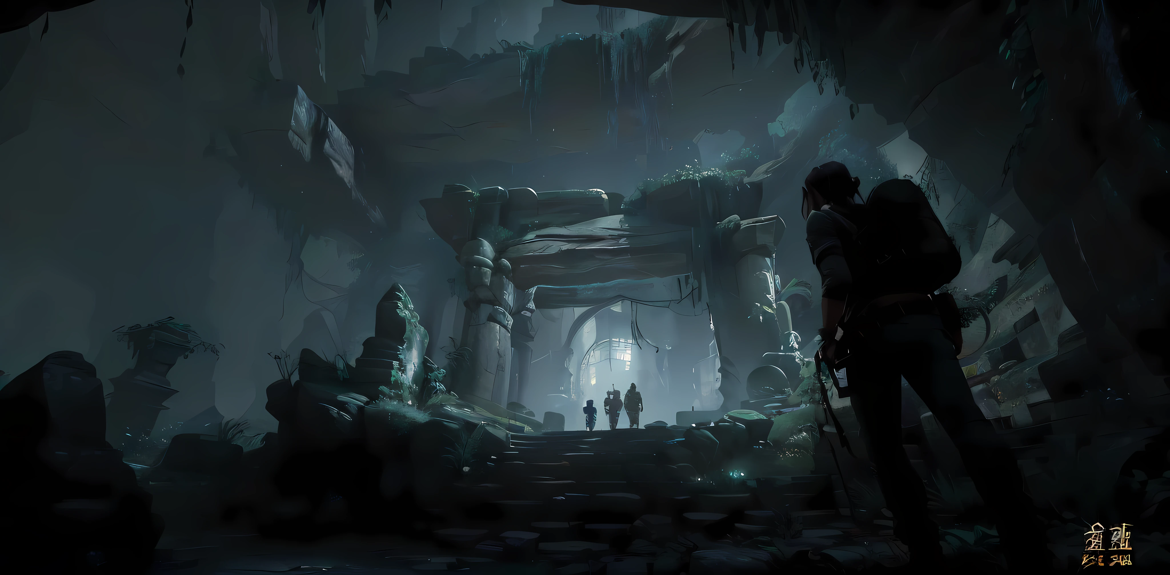Dimly lit cave,There were two people standing inside, Shadow of the Tomb Raiders, shadow of the tomb raider, The rise of Tomb Raider, eerie nostalgic concept art, photorealistic dark concept art, dark cinematic concept art, 4K concept art, 4 k concept art, secret overgrown temple, detailed atmospheric and gritty, 4 K resolution,concept-art,Surrounded by rocks,grotto,Dilapidated staircase,unreal engine 5 digital art, Unreal Engine renders concept art, unreal engine 5 4 k uhd image, Unreal Engine 5 environment, unreal engine 5 render dramatic, 8 K high detail concept art, Unreal Engine fantasy art, Unreal Engine 5 lighting, Unreal Engine 4K wallpapers, unreal engine 5 lumen,the night,darkly,speleothems,Ancient ruins,Chinese style,Deep canyon,blue colors// ,perspective,wide shot, ((, Point View Shot, POV, Aerial Shot, Helicopter Shot)), CGI, Realism, RTX, Tone Mapping, SSAO, Shaders, Moonlight, Volumetric Lighting, Volumetric Light, Volumetric, Sunlight, Natural Lighting, landscape, outdoors,Professional,ultra-fine painting, ((high qulity:1.2, tmasterpiece:1.2)), absurdres, high resolution, (8k resolution), 8k, 8kres, 8k res, high details, detailed and intricate, intercreate details, high electric details, absurd amount of details, super resolution, Ultra HD Ultra HD, megapixel, , ((, Angle shooting, POV, )), CGI, hentail realism, RTX, Tone-mapping, SSAO, Shaders, rays of moonlight, volumettic light,scenecy, inside in room,Enclosed space ((high qulity:1.2, tmasterpiece:1.2)), hoang lap, A high resolution, (8K分辨率), 8k, 8kres, 8k res, high details, detailed and intricate, intercreate details, high interpreted details, Absured amount details,ray tracing,Hyper-Resolution,hyper HD,megapixel,HDR