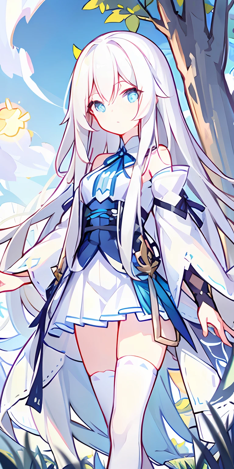 long white hair,grassy fields,The tree,clouds,suns,Blue pupil,white skirt,white stockings