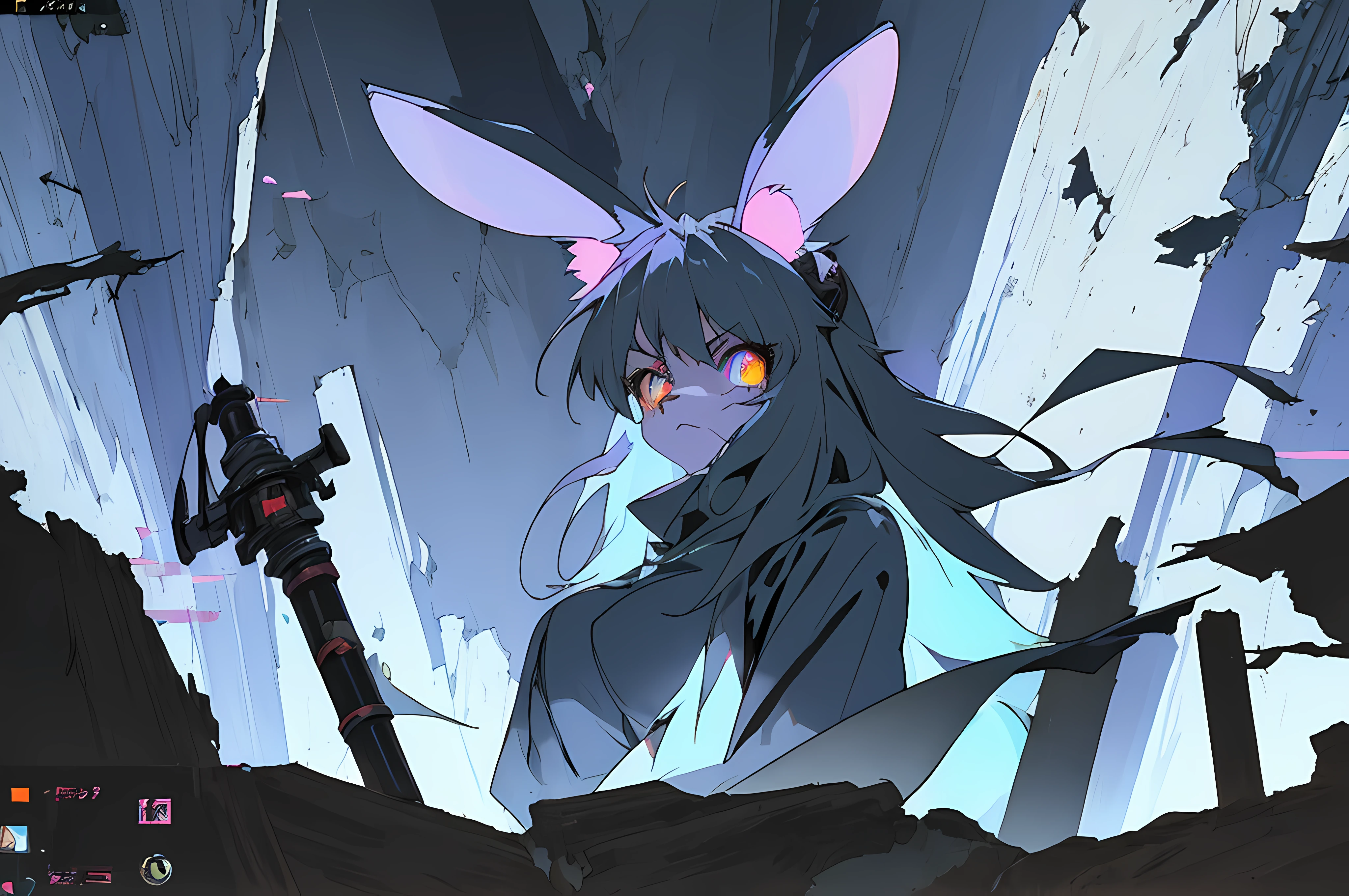 (((vintage vhs))), (((80s anime filmation cel art))), (((crt screenshot))), (vampire hunter d), (((bleak dark gothic cathedral shootout))), (((gothic blue anthro kemono furry rabbit exploring old ruins))), (((bleak underground cavern shining flashlight in old ruins))), angry anime rabbit character with futuristic hair and glowing eyes exploring old ruins, anime art, anime aesthetic, (((old ruins in background cel art))), kemono anime rabbit girl, wearing cybernetic bunny ears, angry powerful female fighter, (((bleak dark witch hunter robin))) --v6
