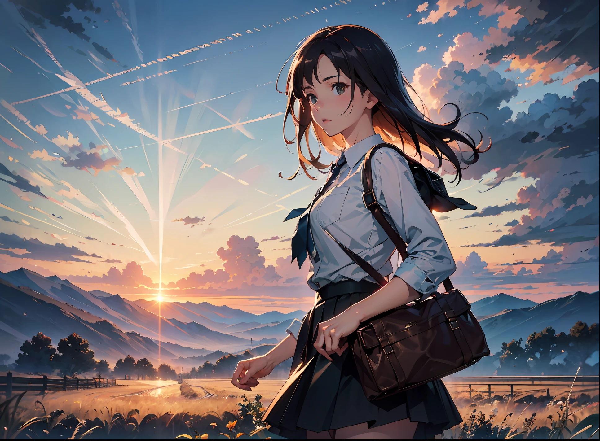 quality，A high resolution，high detal，80shair。，Kizi，（详细的脸），A detailed face，JK，short  skirt，long whitr hair，Fluttering hair，Blurred hair movement，telephone poles，High mountains in the distance，depth of fields，Stand on the train tracks，Carry a shoulder bag, beautiful scence, Makoto Shinkai's style, late sunset，the setting sun，evening light，Burning clouds，Beautiful clouds，Dynamic cloud，Lush wildflowers and weeds，Multi-color matching，Colorful shades，rich details​，Meticulous background，8K，offcial art