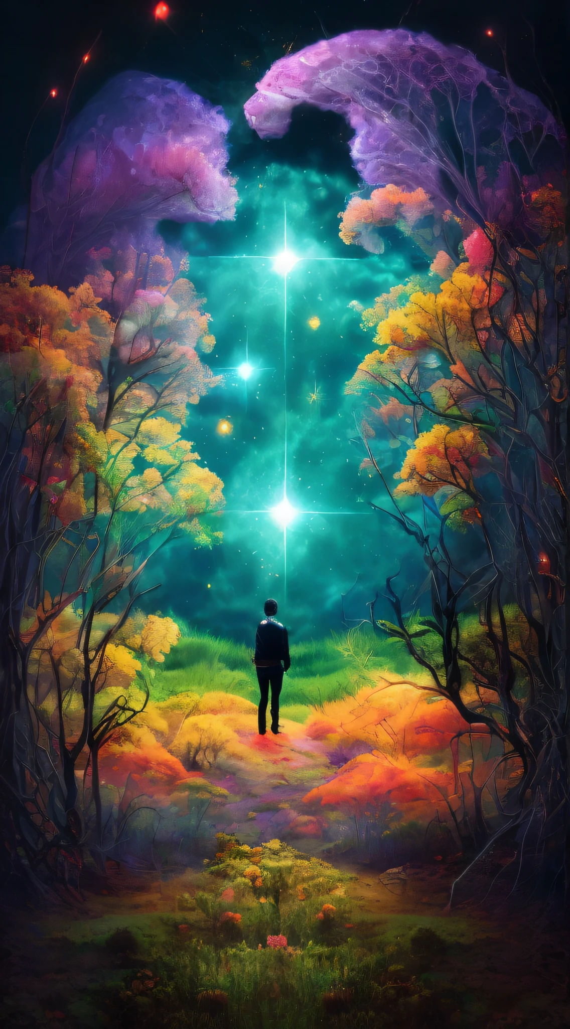 Incredible and spectacular scene, a "((high quality)), (detailed)), ((fantasy)), illustration, perspective (45 degree tilt angle), theme (enchanted forest style), scene elements (handsome boy, beautiful girl), picture quality (3D rendering effect), exquisite details, beautiful lights "emerge from glowing clouds, fractal nebula lines, cosmic entities, celestial bodies, universes, vibrant and vivid, swirling, rotating, impractical, high contrast, co-metabolic, magical, mysterious, mysterious, surreal, Oversaturated, colorful