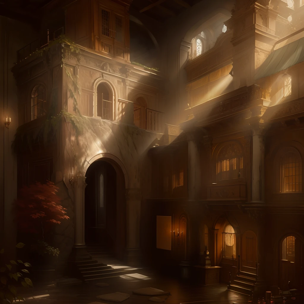 classical roman spa interior view, furniture, sandstone old natural treebark asphalt, still life oil painting, medieval style, (gloomy:1.4), gloomy background, god rays, (high detailed skin:1.2), 8k uhd, high quality, by Greg Rutkowski