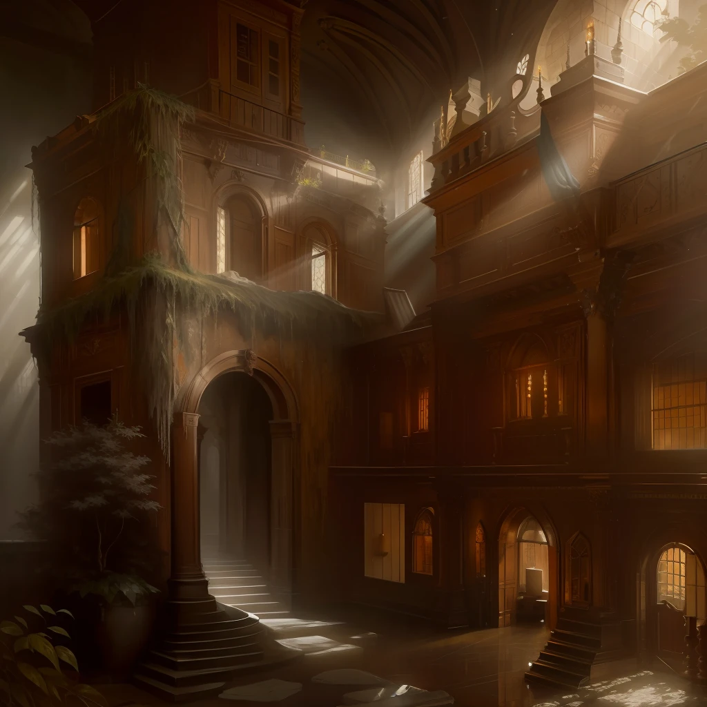 classical roman spa interior view, furniture, sandstone old natural treebark asphalt, still life oil painting, medieval style, (gloomy:1.4), gloomy background, god rays, (high detailed skin:1.2), 8k uhd, high quality, by Greg Rutkowski
