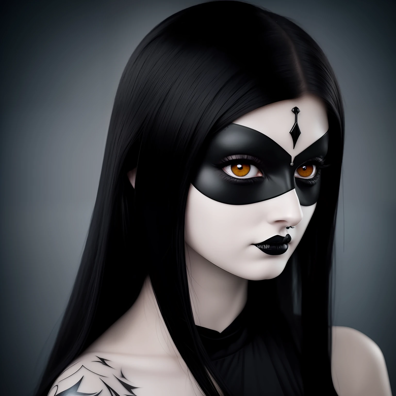 arafed woman with a fake eye patch on her face, with black sclera eyes, with haunted eyes and dark hair, pale goth beauty, black sullen eyes, scary look, cruel korean goth girl, goth girl aesthetic, with black eyes, 1 7 - year - old goth girl, black eyes and sclera, pale skin and dark eyes