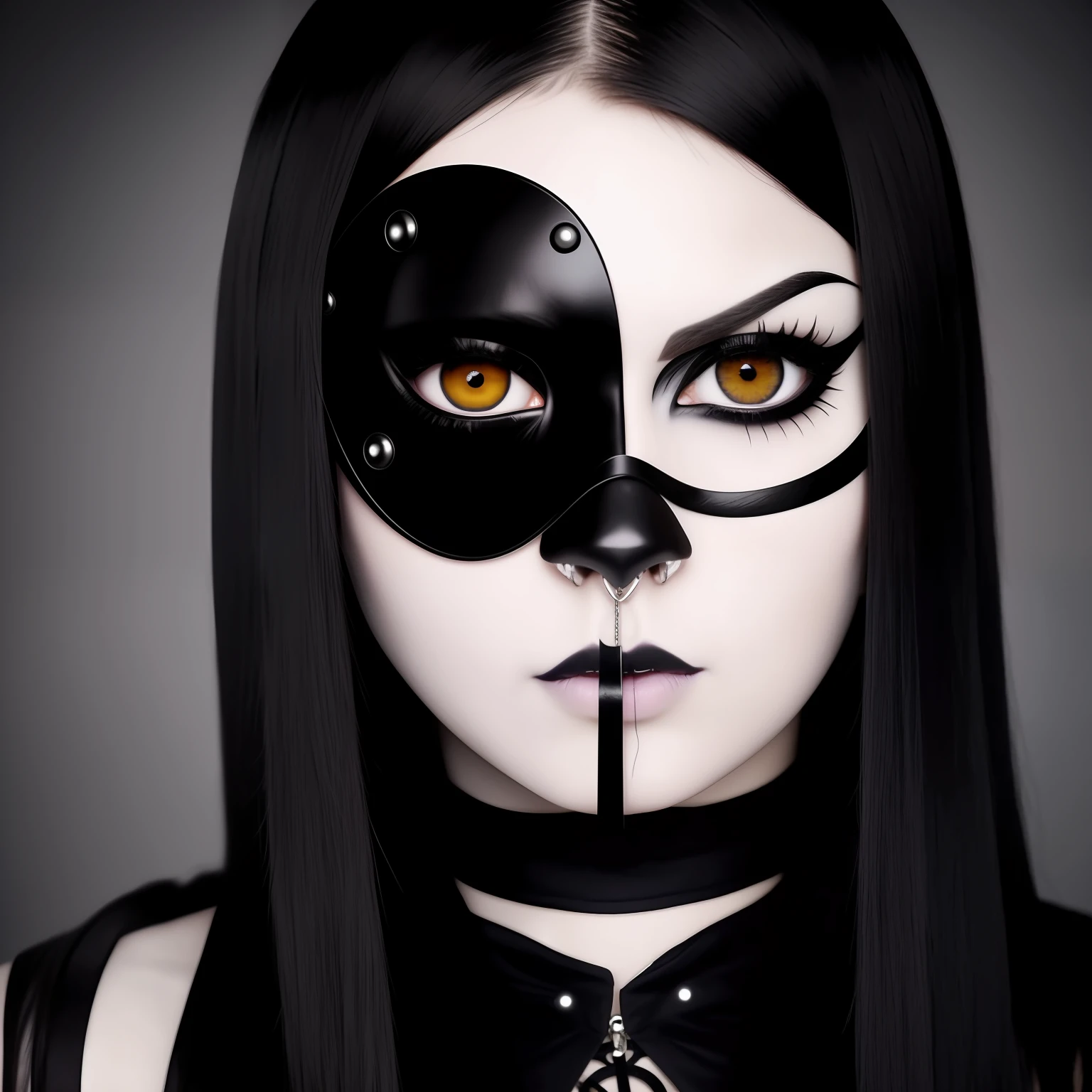 arafed woman with a fake eye patch on her face, with black sclera eyes, with haunted eyes and dark hair, pale goth beauty, black sullen eyes, scary look, cruel korean goth girl, goth girl aesthetic, with black eyes, 1 7 - year - old goth girl, black eyes and sclera, pale skin and dark eyes