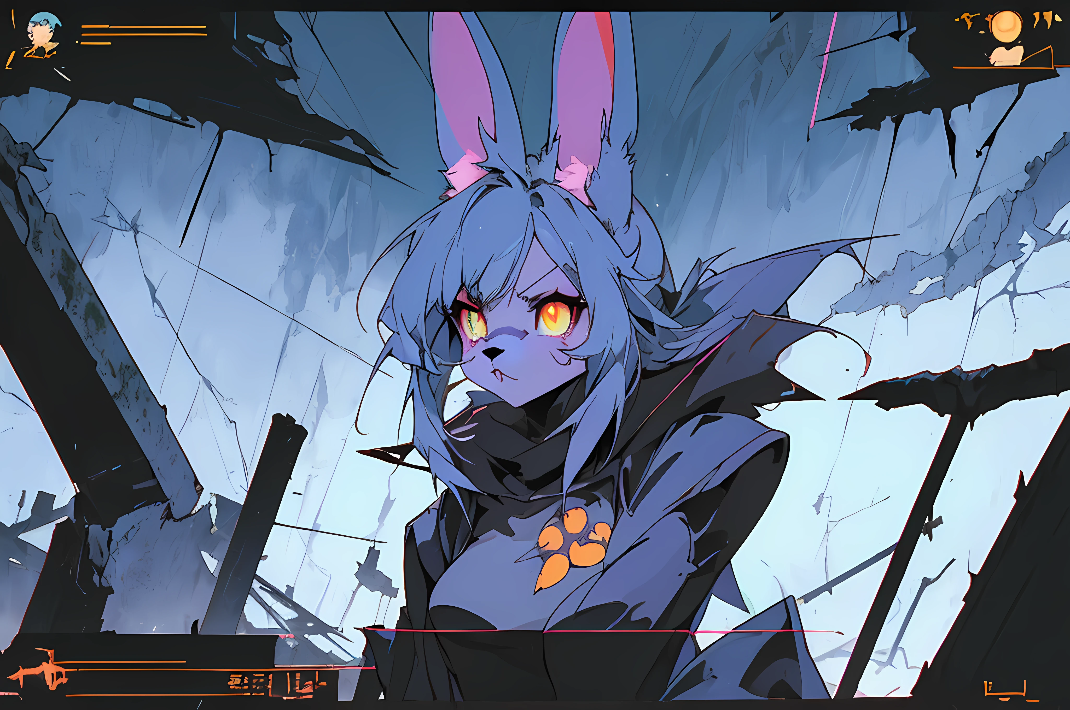 (((vintage vhs))), (((80s anime filmation cel art))), (((crt screenshot))), (vampire hunter d), (((bleak dark gothic cathedral shootout))), (((gothic blue anthro kemono furry rabbit exploring old ruins))), (((bleak underground cavern shining flashlight in old ruins))), angry anime rabbit character with futuristic hair and glowing eyes exploring old ruins, anime art, anime aesthetic, (((old ruins in background cel art))), kemono anime rabbit girl, wearing cybernetic bunny ears, angry powerful female fighter, (((bleak dark witch hunter robin))) --v6