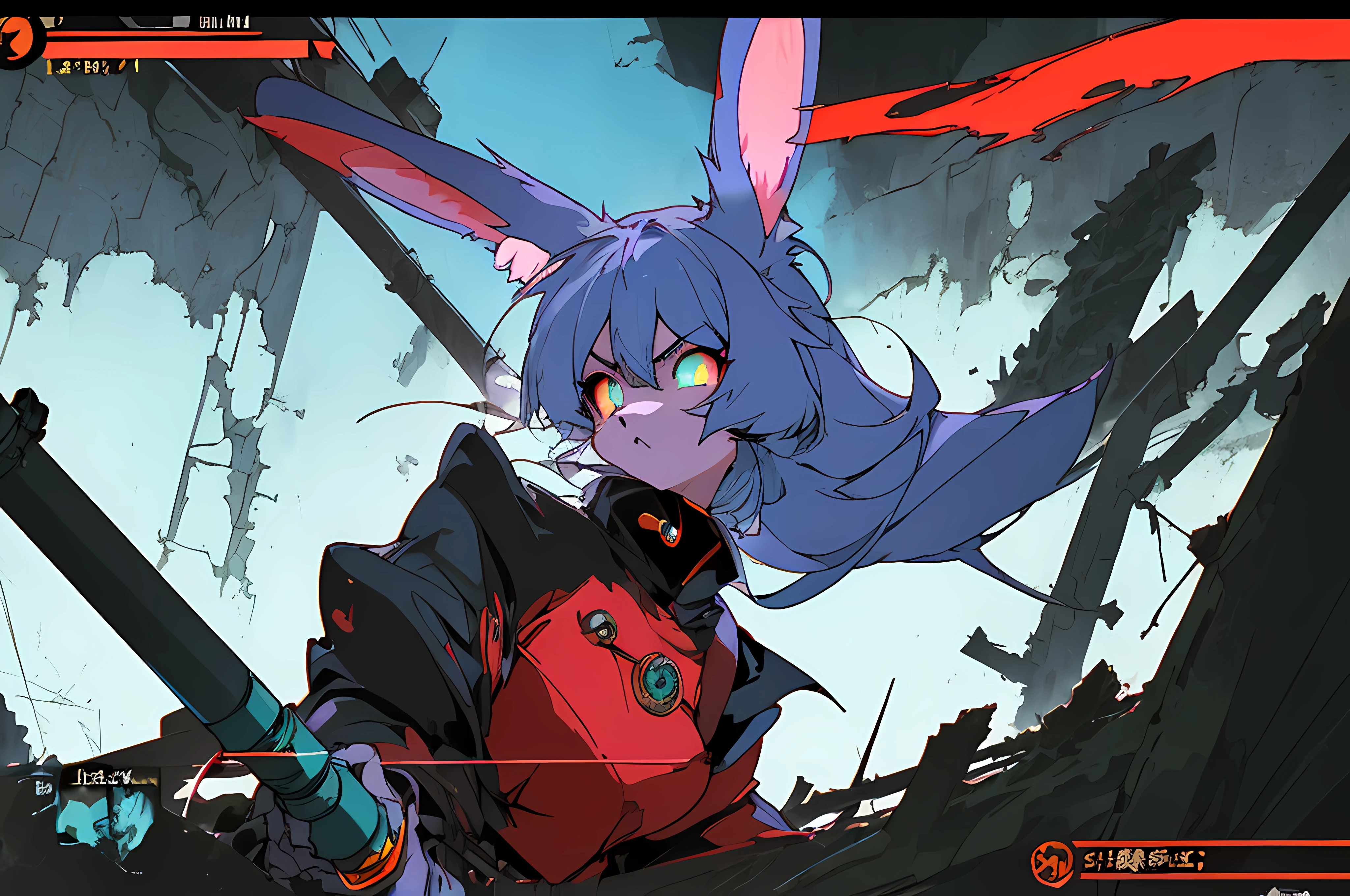 (((vintage vhs))), (((80s anime filmation cel art))), (((crt screenshot))), (vampire hunter d), (((bleak dark gothic cathedral shootout))), (((gothic blue anthro kemono furry rabbit exploring old ruins))), (((bleak underground cavern shining flashlight in old ruins))), angry anime rabbit character with futuristic hair and glowing eyes exploring old ruins, anime art, anime aesthetic, (((old ruins in background cel art))), kemono anime rabbit girl, wearing cybernetic bunny ears, angry powerful female fighter, (((bleak dark witch hunter robin))) --v6