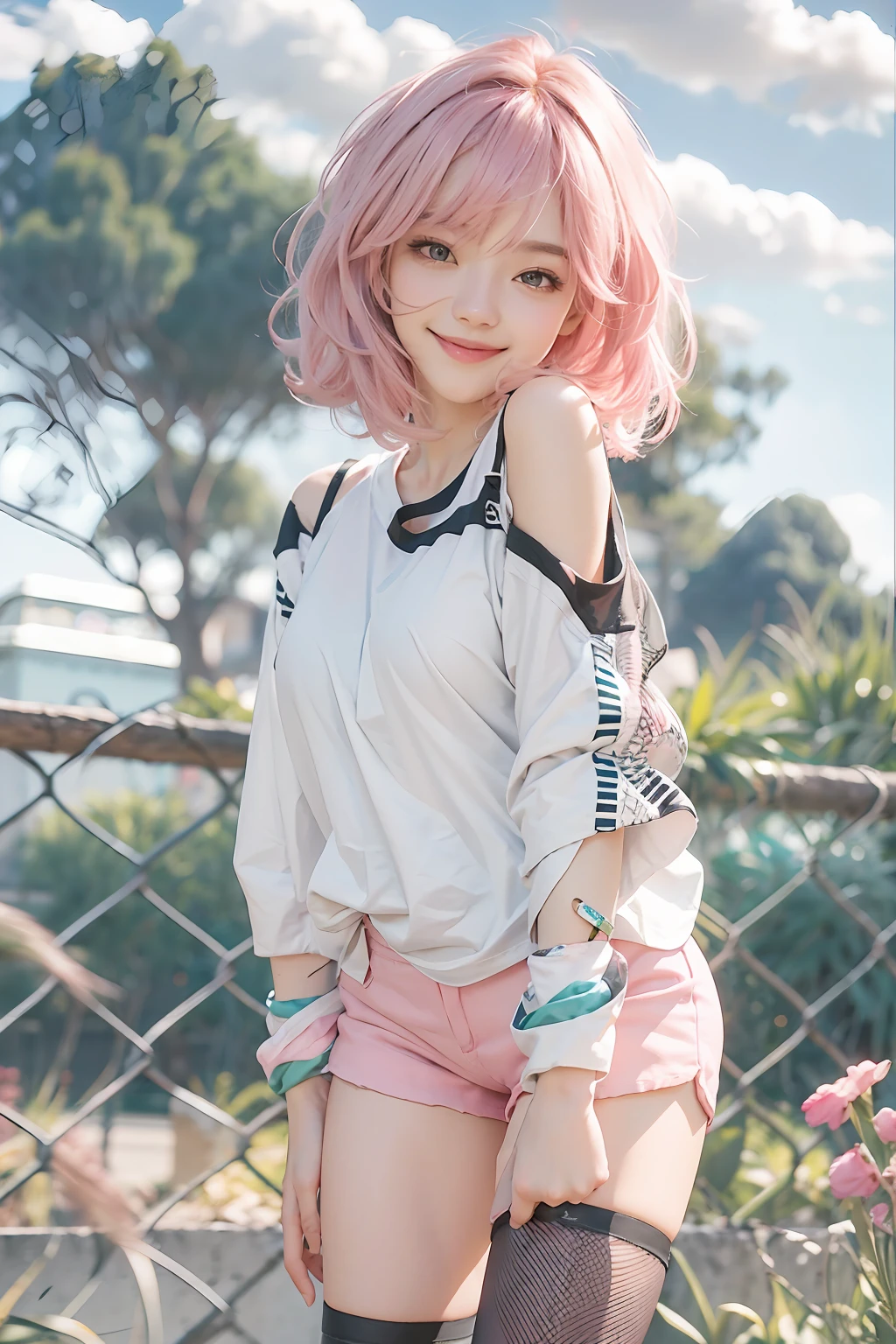 (masterpiece), (best quality), 1girl, beautiful girl, white shirt, pink hair, short hair, smile, short shorts, fishnet leggings, sneakers, sunny, windy, outdoor