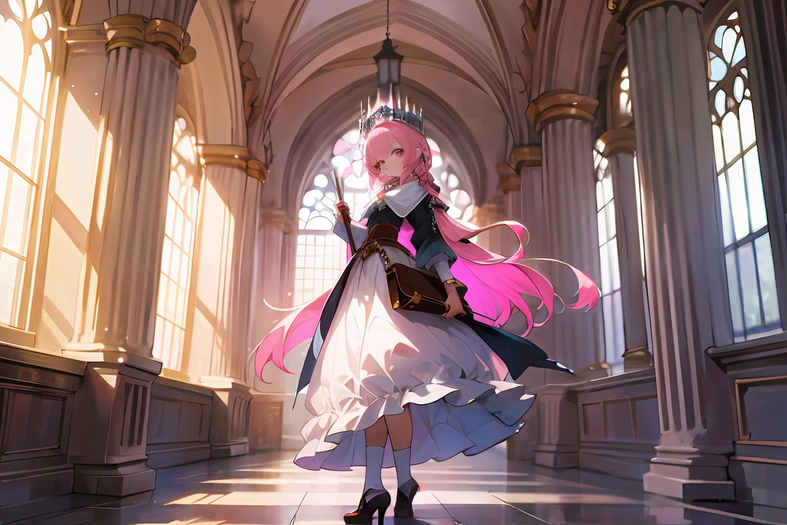 A pink-haired woman in a palace. Medieval, tall resolution, imagem perfeita.