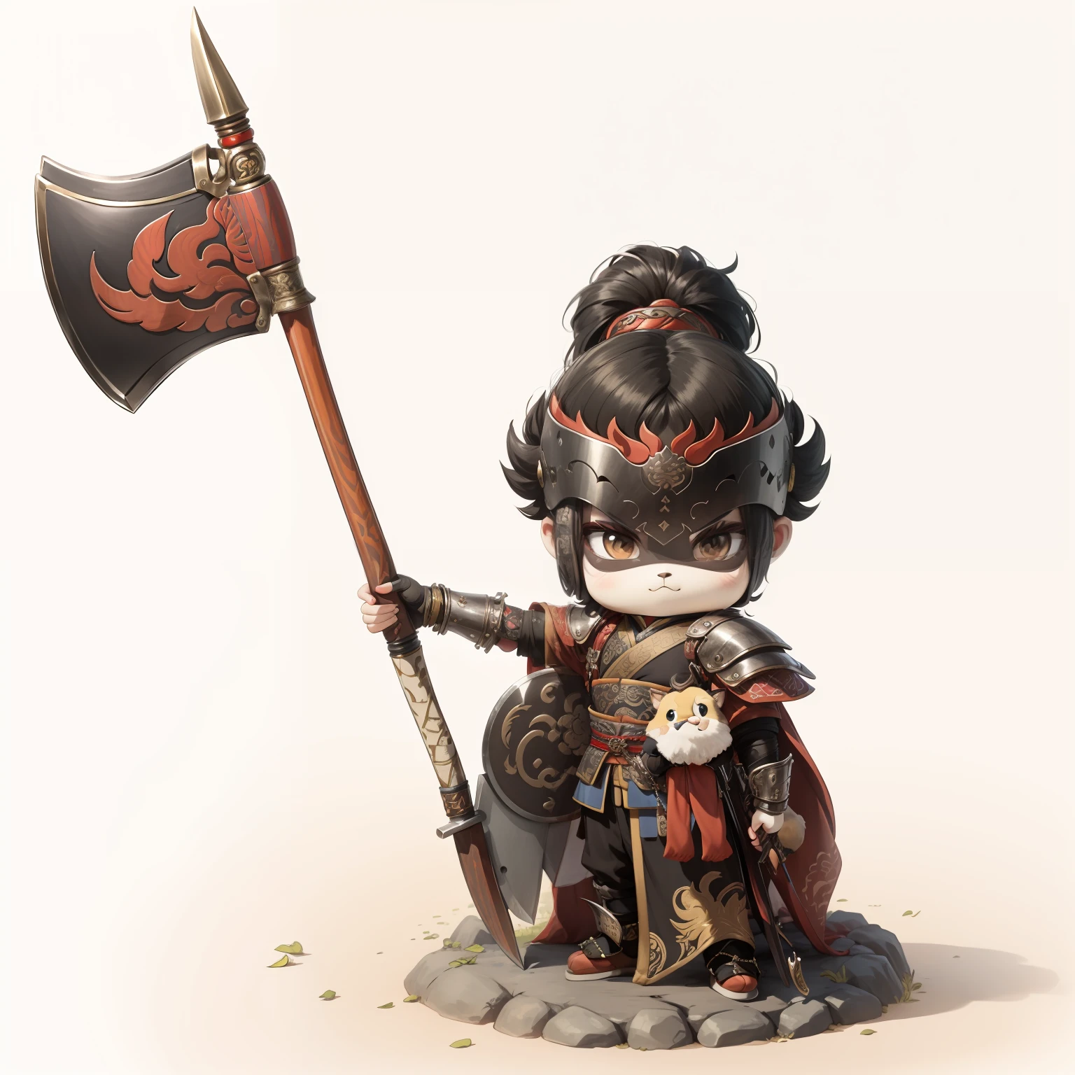 male people,Male characters,tchibi,Bad,Arms,Axe weapons,Ancient Chinese weapons,The handle has a delicate pattern,Shoulder blades,metal breastplate,chainmail,Animal pattern cuirass,chest plate,Bracers,Flowing hem,China-style,Chinese-style clothing,Chinese shoes,There are beautiful patterns on the weapon grips,Refinement,Fine painting,Refinement,infinite details,high definition detail,Patterned,Pattern,Blank background,Bright colors,Metal edging