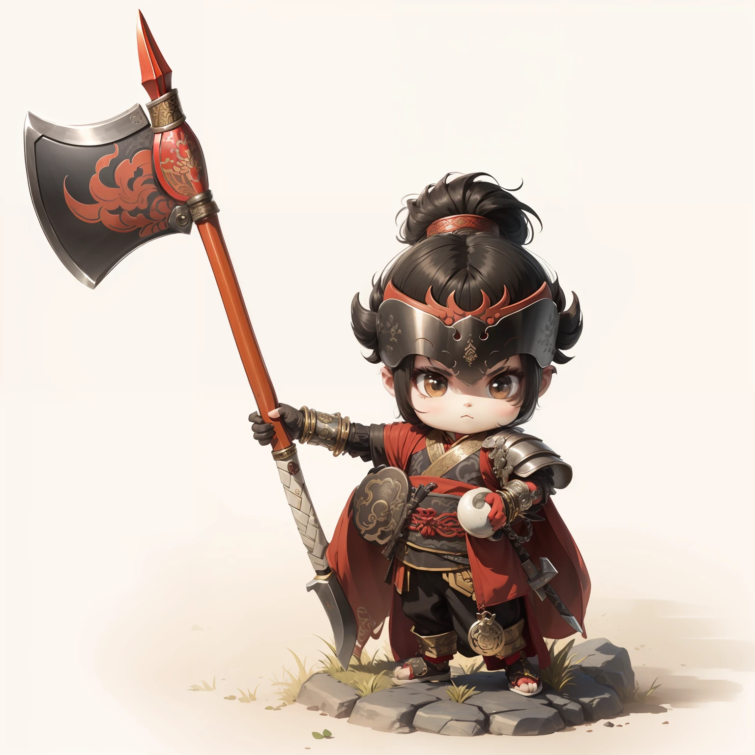 male people,Male characters,tchibi,Bad,Arms,Axe weapons,Ancient Chinese weapons,The handle has a delicate pattern,Shoulder blades,metal breastplate,chainmail,Animal pattern cuirass,chest plate,Bracers,Flowing hem,China-style,Chinese-style clothing,Chinese shoes,There are beautiful patterns on the weapon grips,Refinement,Fine painting,Refinement,infinite details,high definition detail,Patterned,Pattern,Blank background,Bright colors,Metal edging