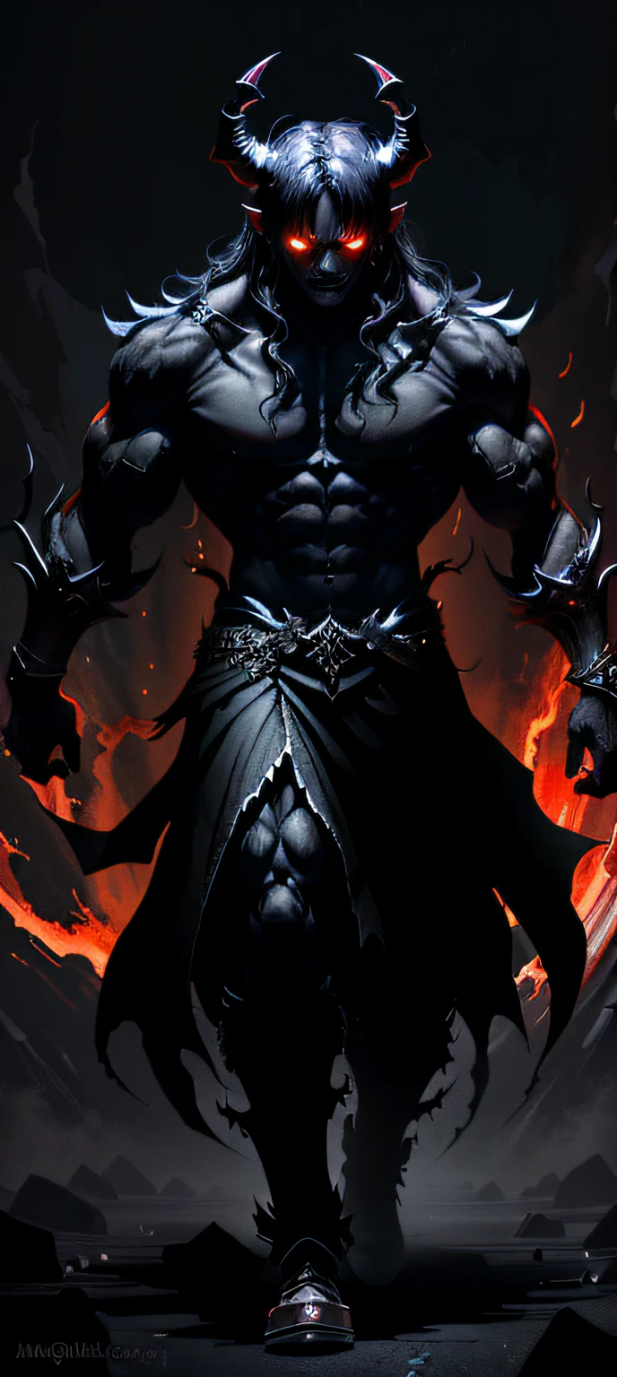 High quality demon image of hell art, Black-scaled youkai，Humanoid Balrog demon，Strong muscles were once the demon king, Dark demon concept art, Mysterious demonic creatures, Amiable demon image, demon soul concept art