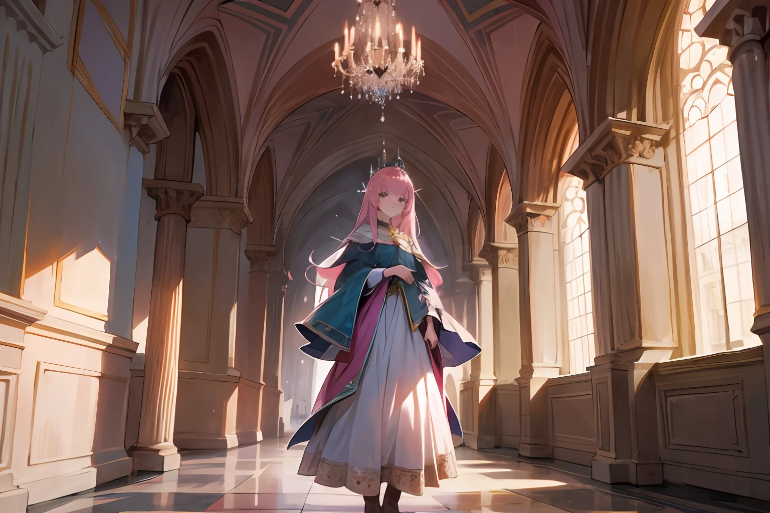 A pink-haired woman in a palace. Medieval, tall resolution, imagem perfeita.